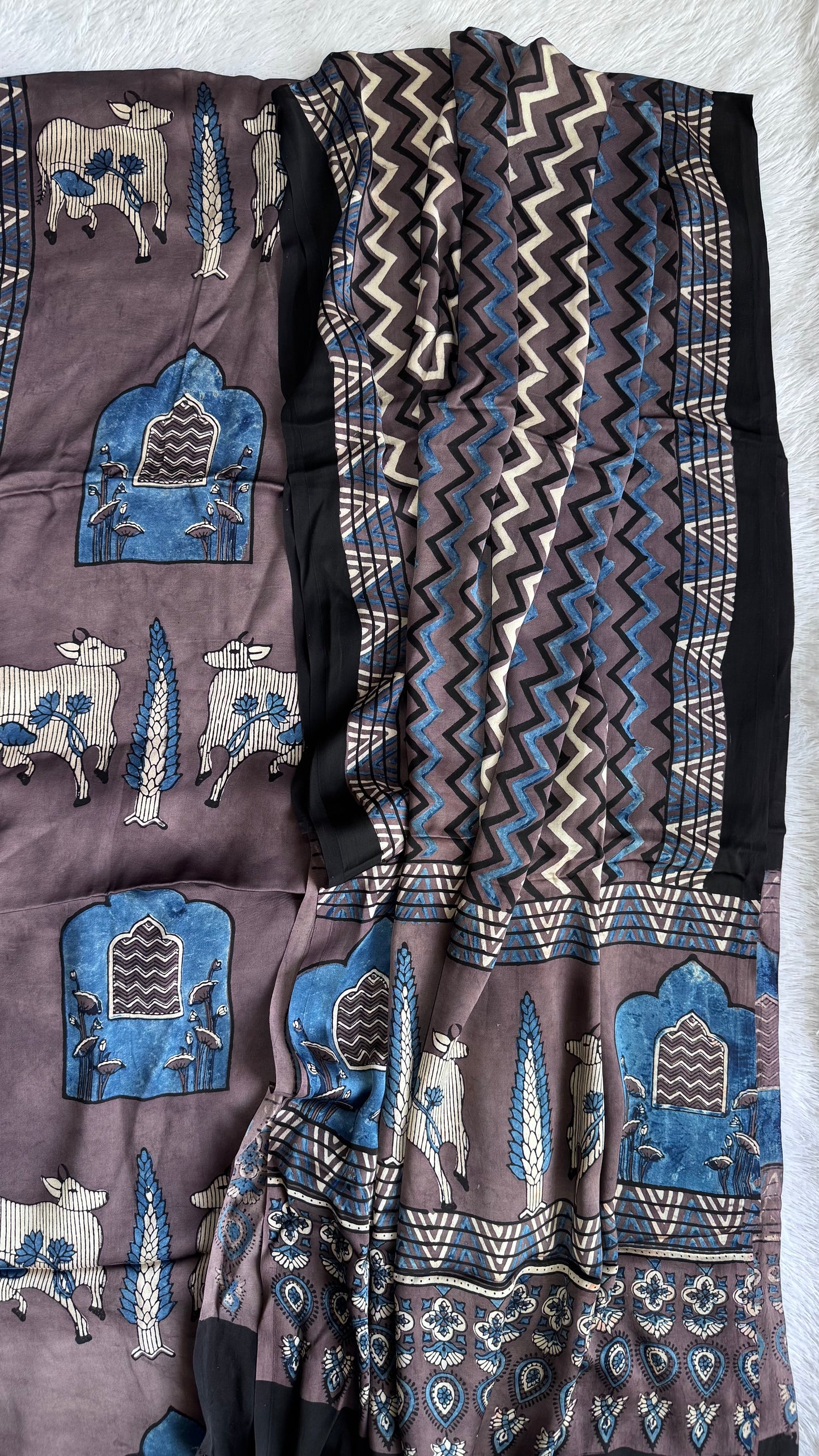 Ash Brown Kamdhenu Motif Modal Silk Ajrakh Natural Dyed Hand Block Print 2pc Suit Material Set