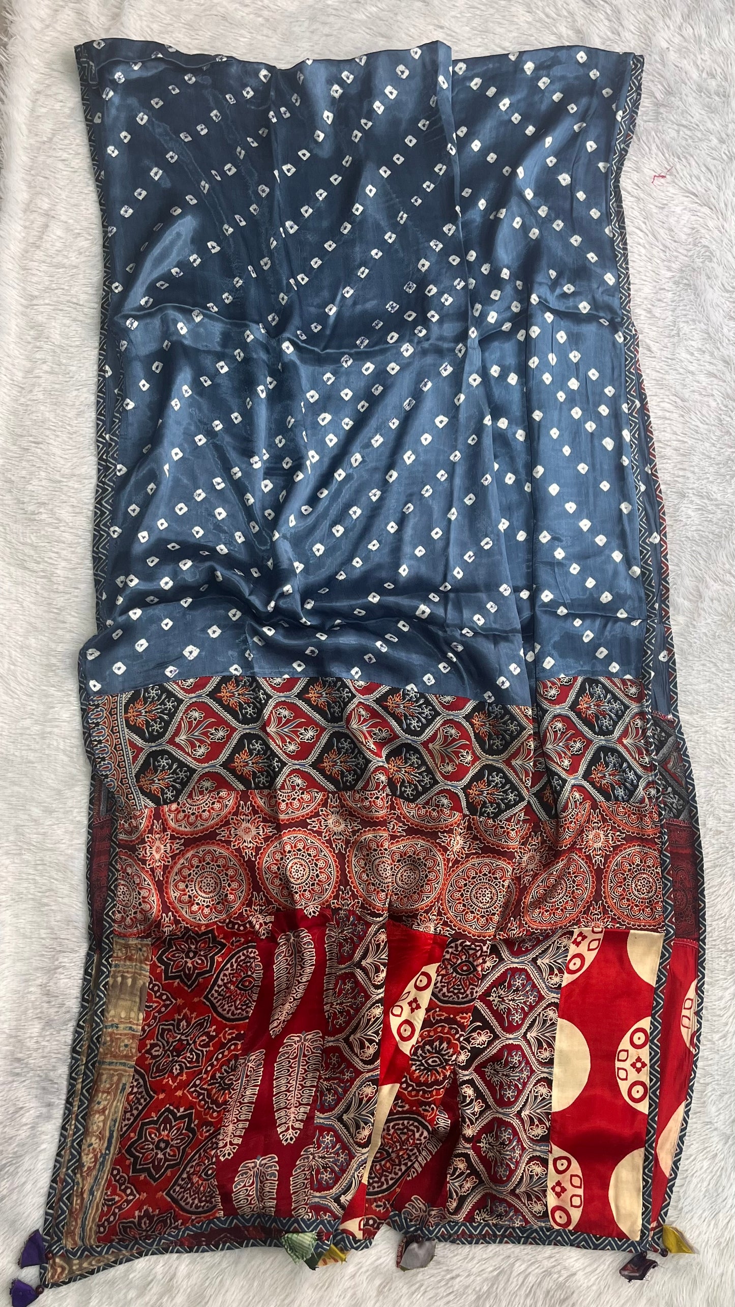 Blue Bandhej Ajrakh Applique Patchwork Modal Silk Dupatta