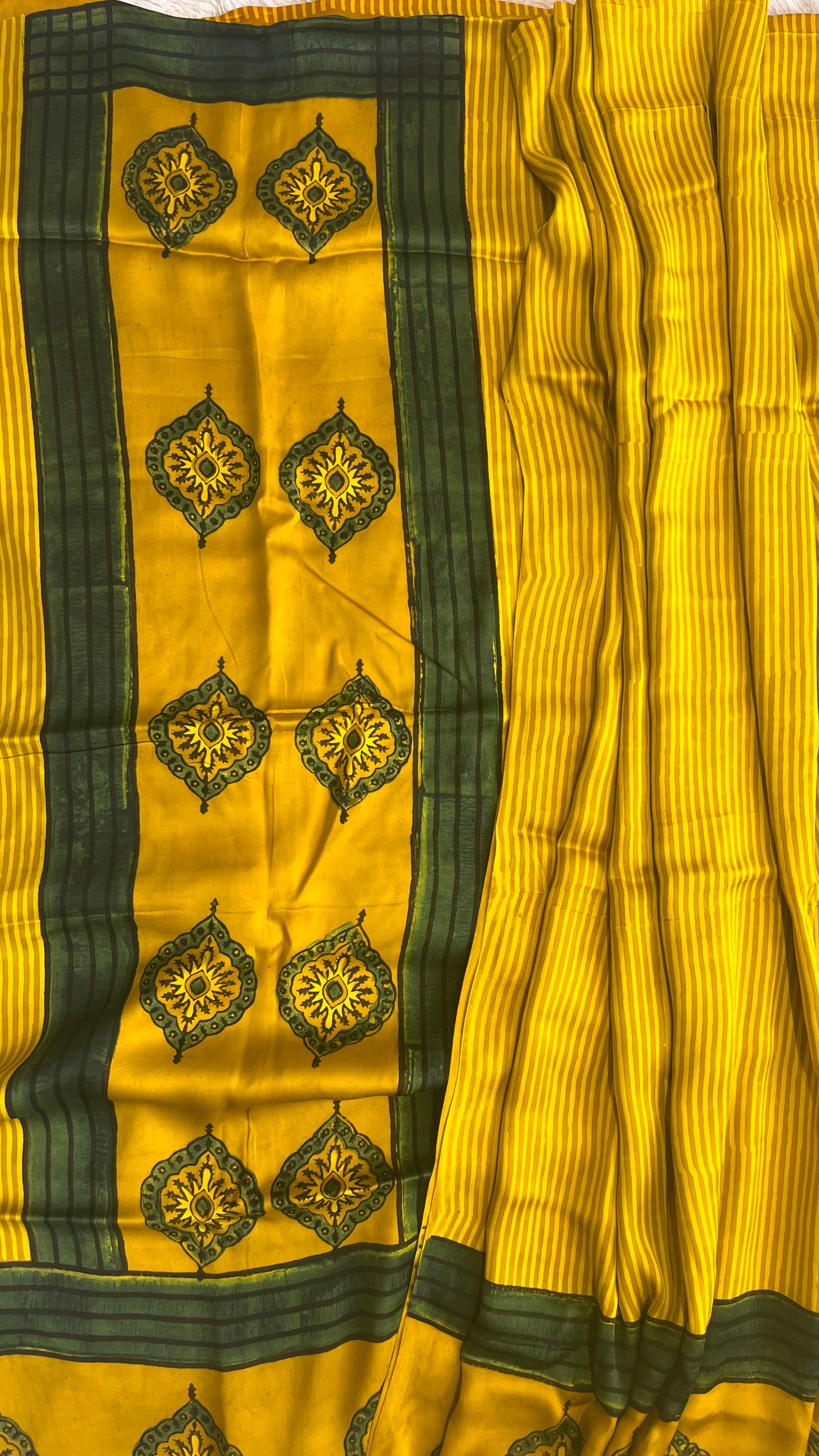 Turmeric Yellow and Green Modal Silk Ajrakh Hand Block 2 pc Suit Set