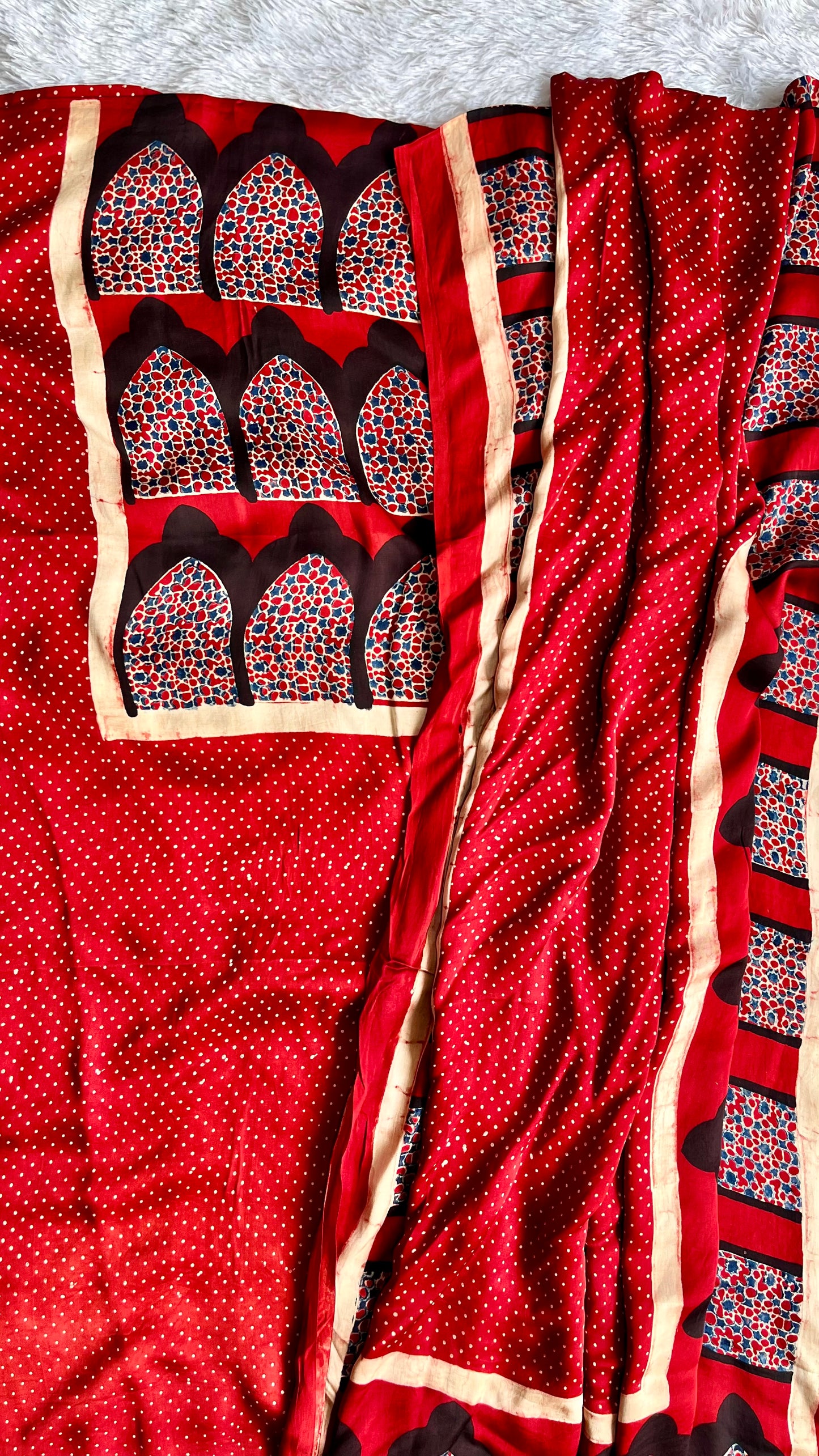 Ravishing Red Jharokha Motif Modal Silk Ajrakh Hand Block Print 2pc Suit Material Set