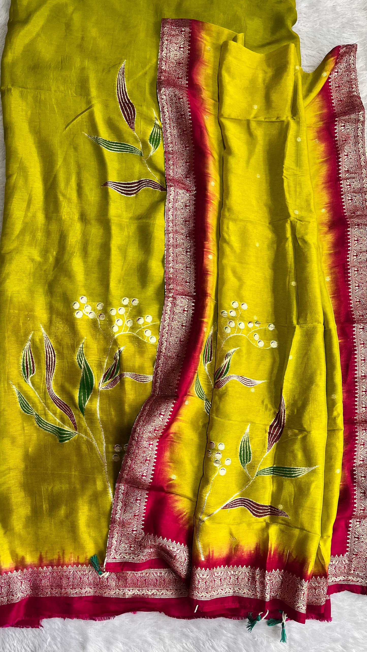 Envious Green Dola Silk Hand Brush Print 2pc Suit Material Set with Zari Pallu and Full Finish with Tassels