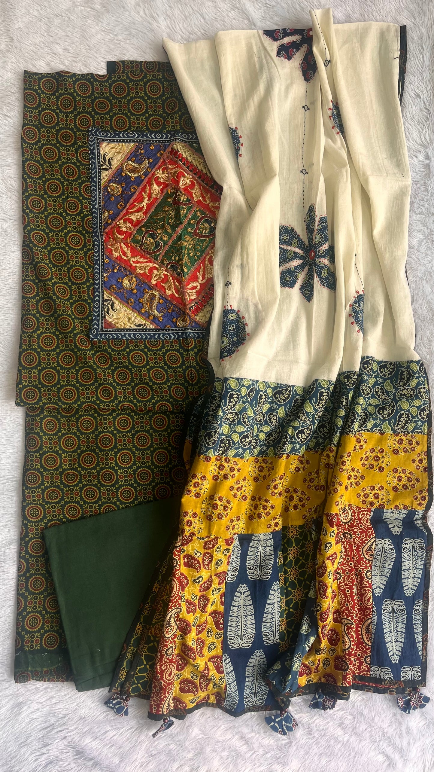 Green and Off White Ajrakh Unstitched Suit Set with Multicolour Ajrakh Applique Patchwork Cotton Dupatta