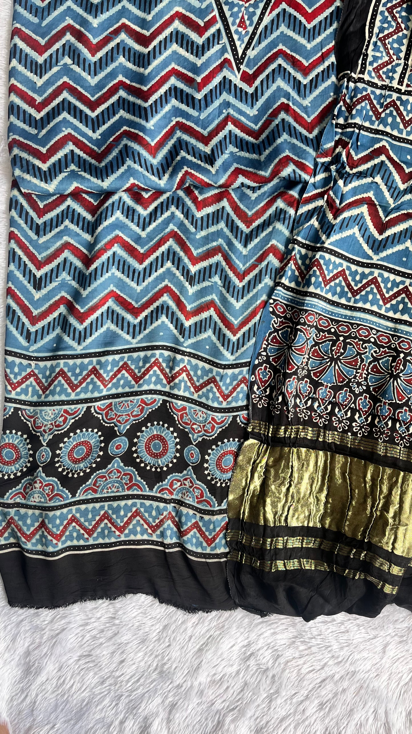 Blue and Black Zigzag Motif Ajrakh Hand Block Modal Silk 2pc Suit Material Set with Lagdi Patti Dupatta