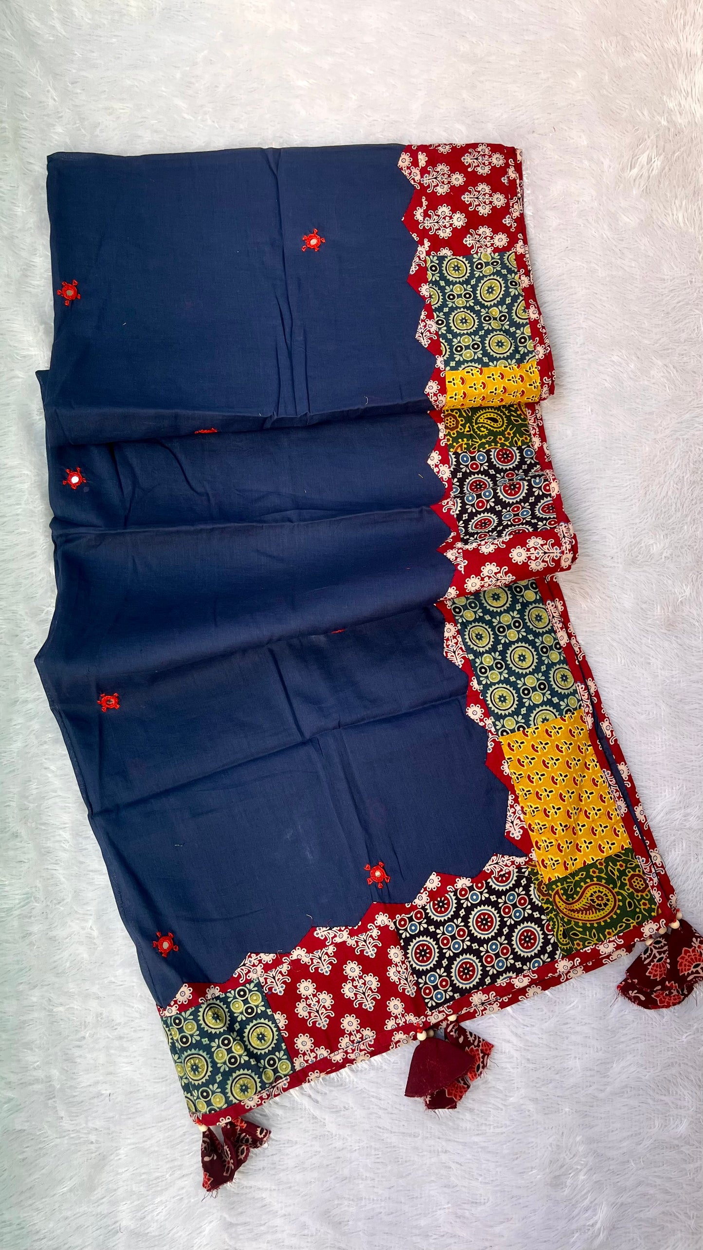 Navy Blue Ajrakh Applique Patchwork Border Cotton Dupatta with Mirror Work