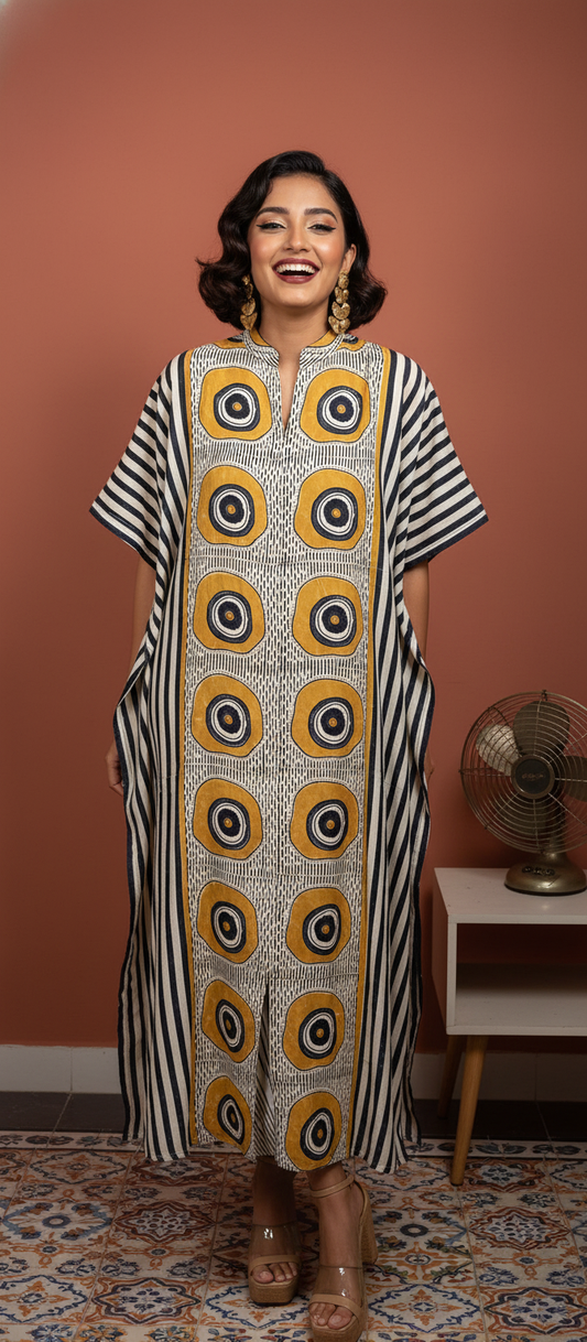 Blue and Mustard Circle Motif Modal Silk Ajrakh Hand Block Print Designer Unstitched Fabric (Kurta Only)