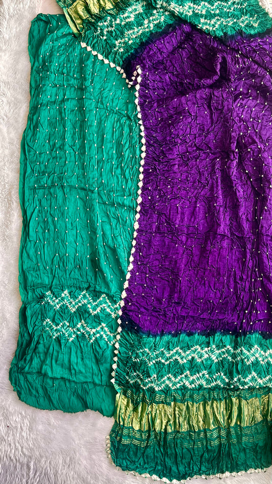 Rama Green and Purple Bandhej Natural Dyed Hand Block Print 2pc Suit Material Set with Lagdi Patti Dupatta