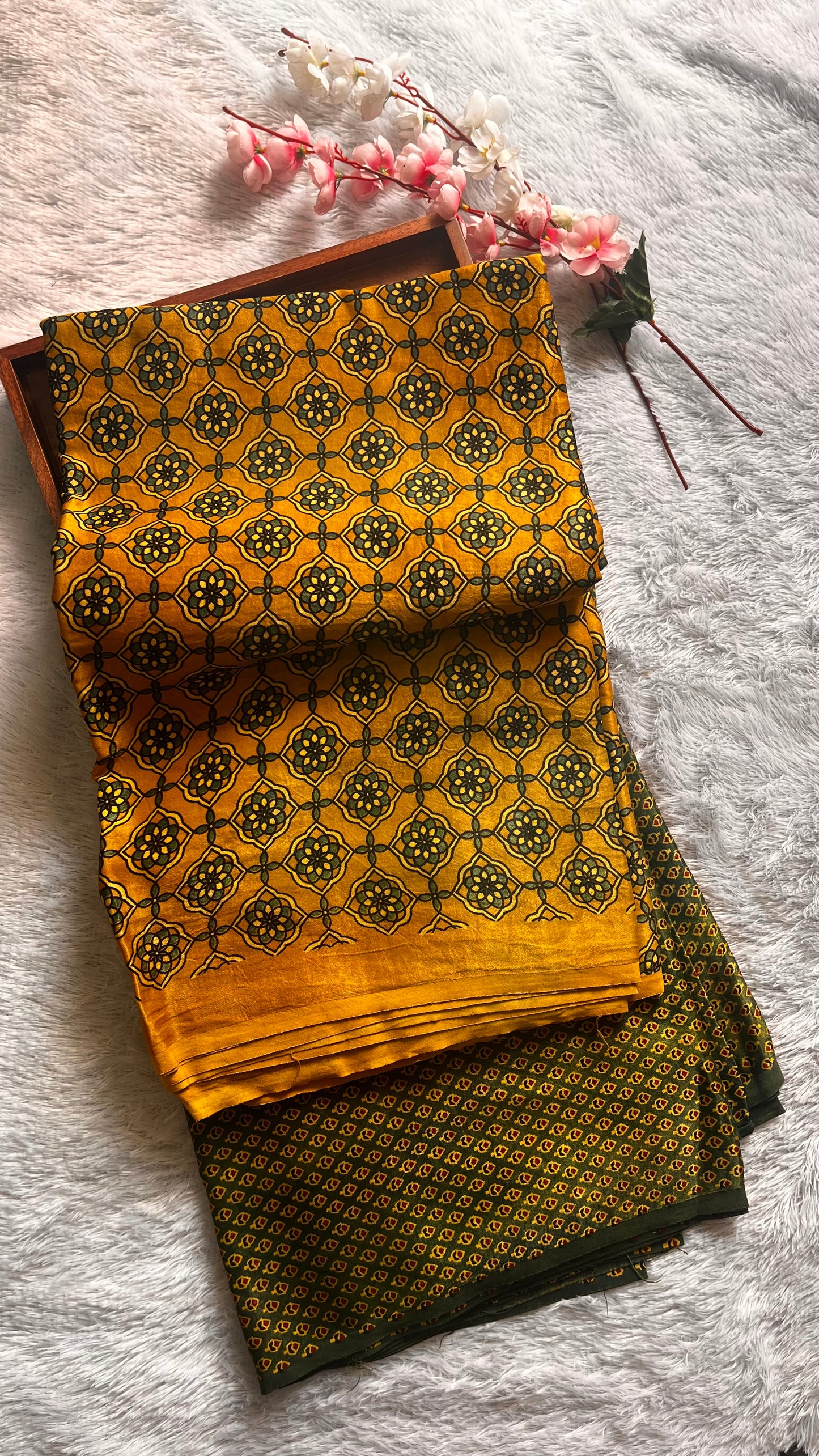 Yellow and Green Jaal Motif Ajrakh Mashru Silk Kurta Pant Fabric