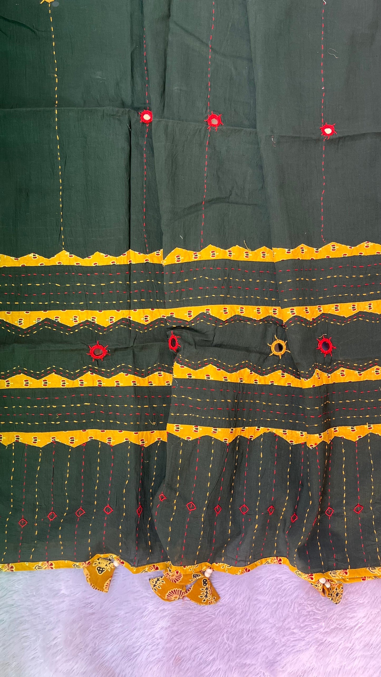 Green and Yellow Ajrakh Applique Patchwork Cotton Dupatta with Mirror Work