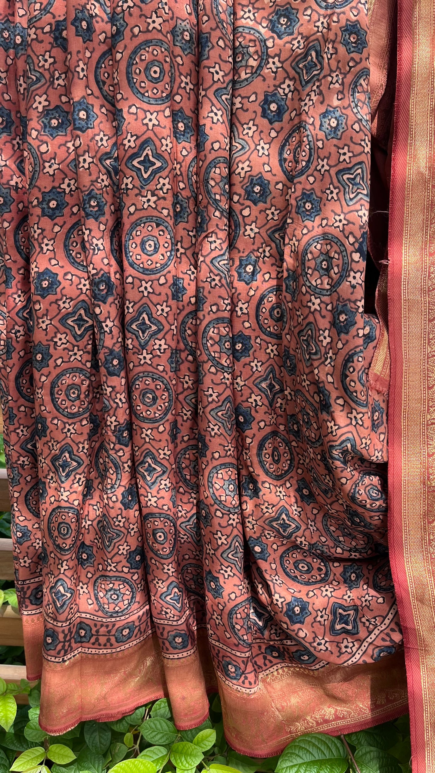 Kesari Jaal Buta Motif Ajrakh Hand Block Dola Silk Saree with Zari Pallu (With Blouse)