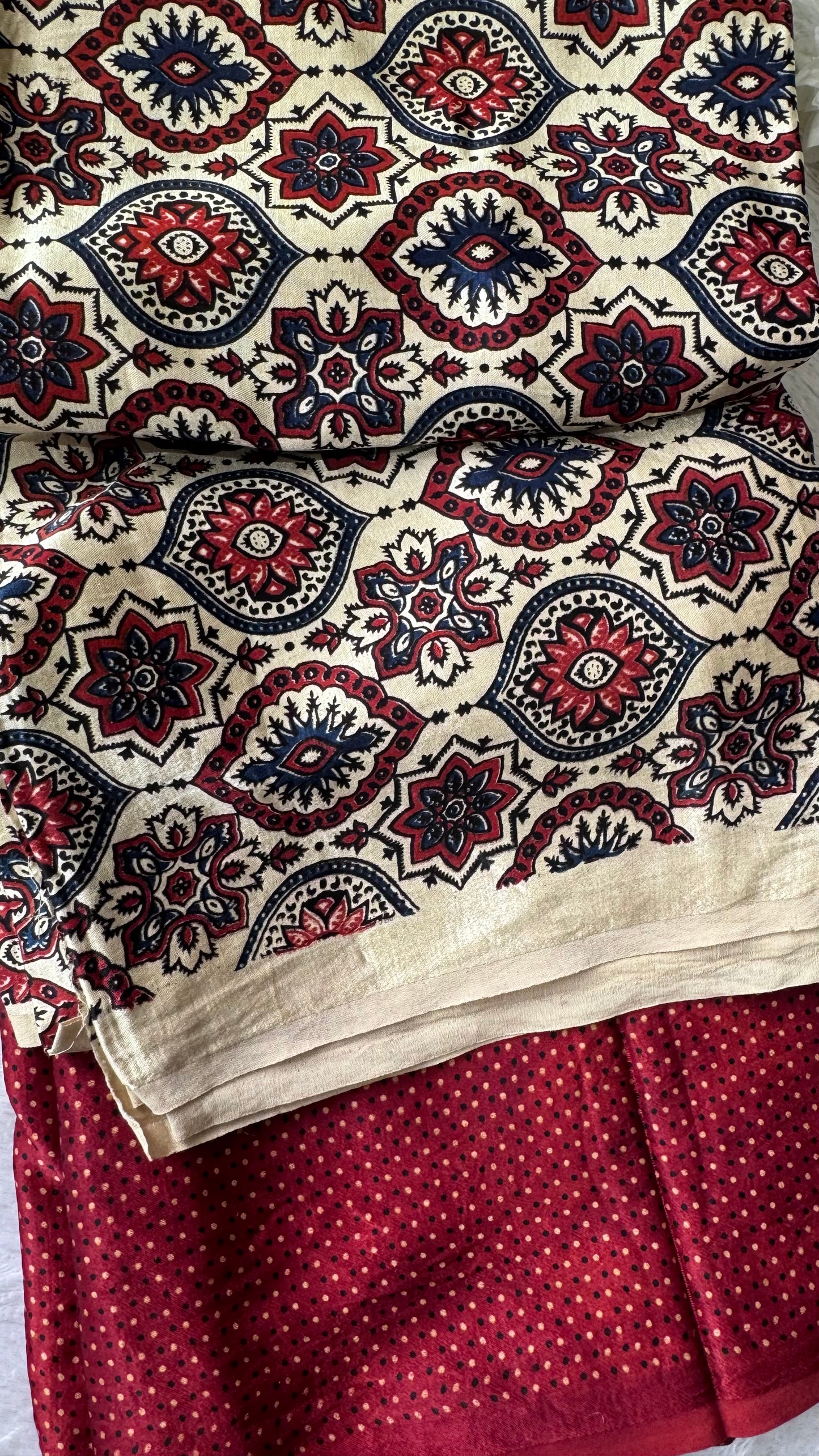 Maroon and Ivory Badaam Motif and Asopallav Ajrakh Mashru Silk Kurta Pant Fabric