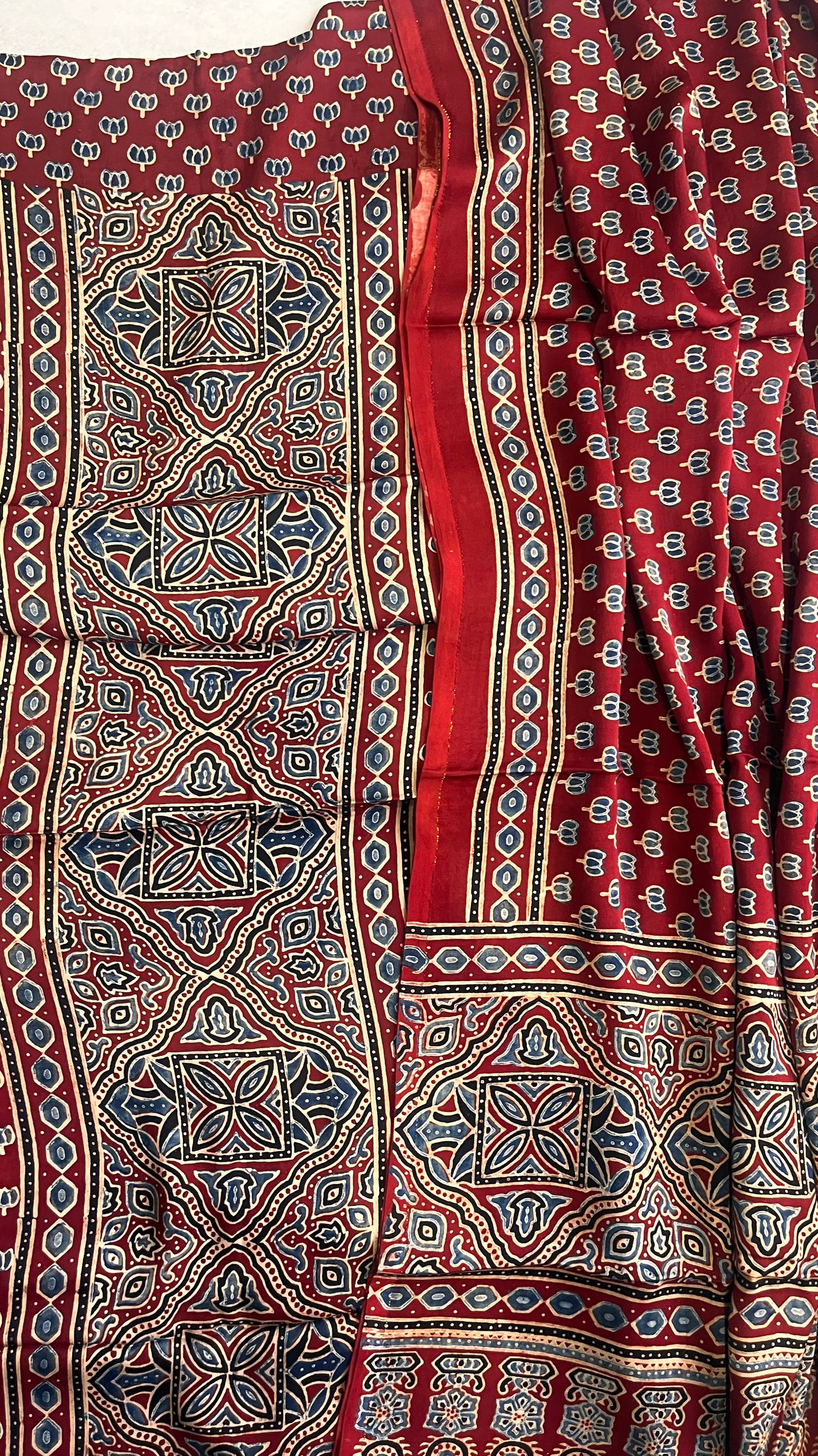 Deep Red Jaal and Kamal Buti Motif Modal Silk 2pc Suit Material Set