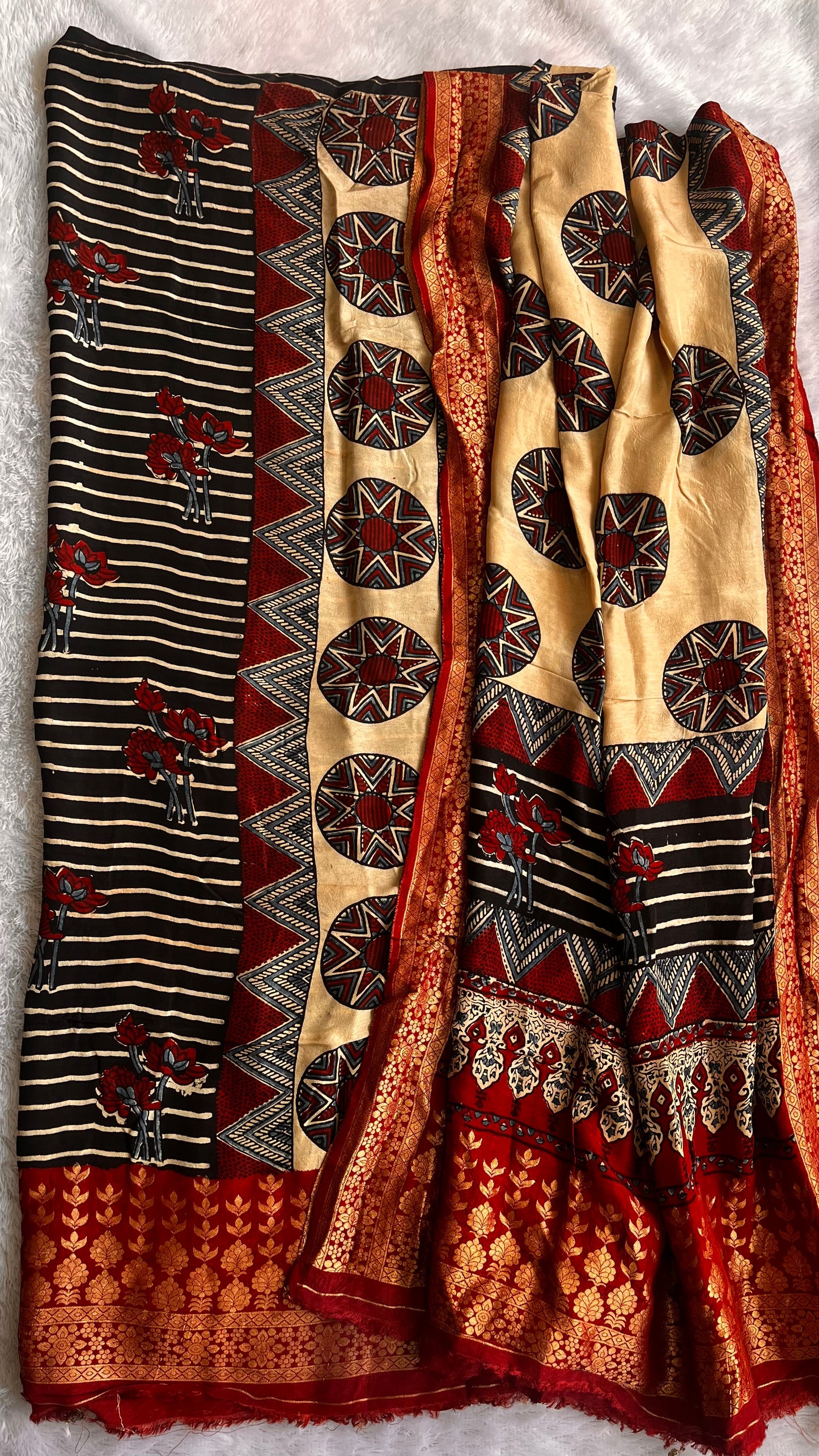 Deep Red and Black Dola Silk Ajrakh 2 pc Suit Set with Nakkashi Work