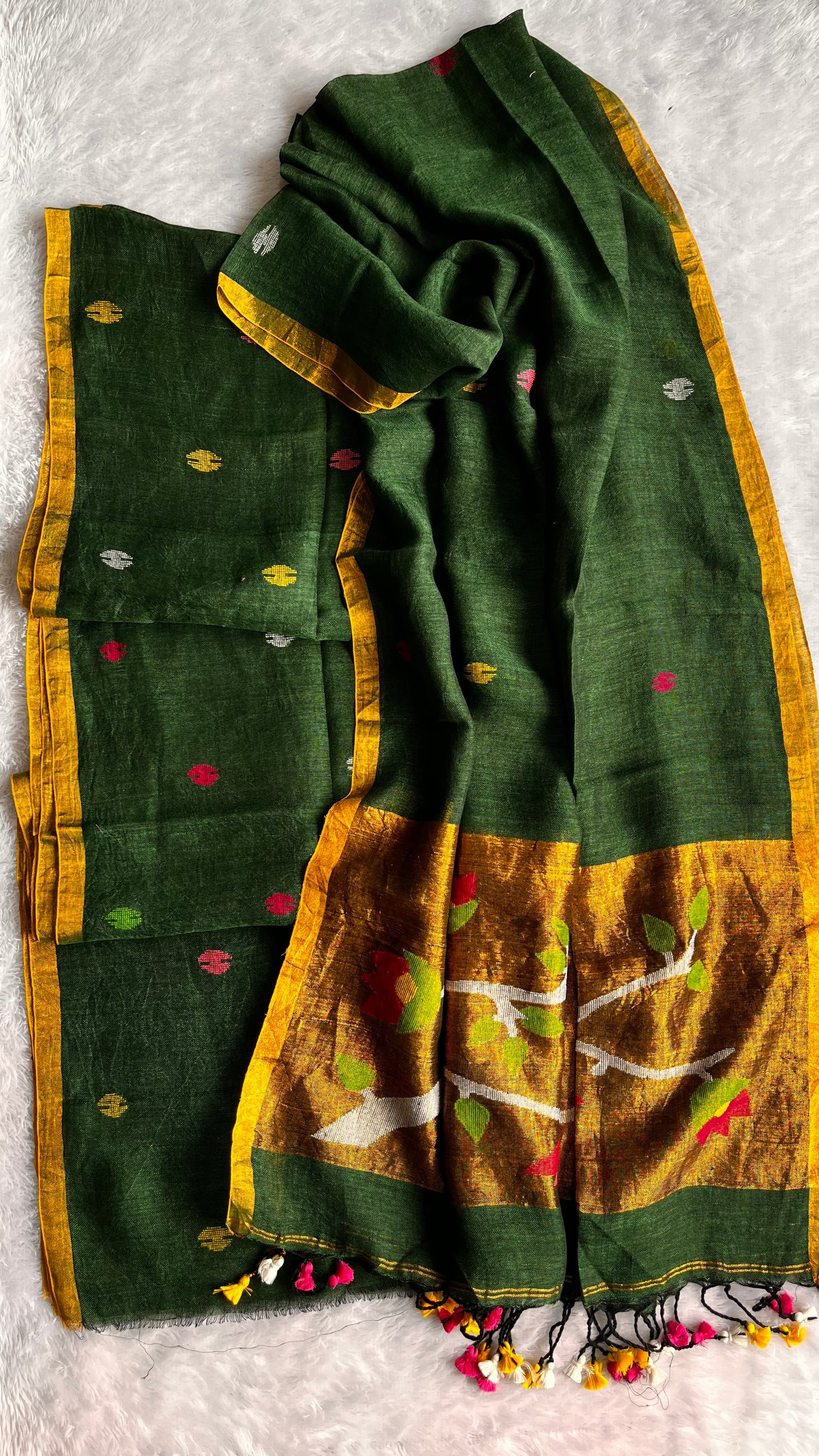Gracious Green Paithani Unstitched Pure Linen on Linen Hand Woven Daman 2 pc Suit Set