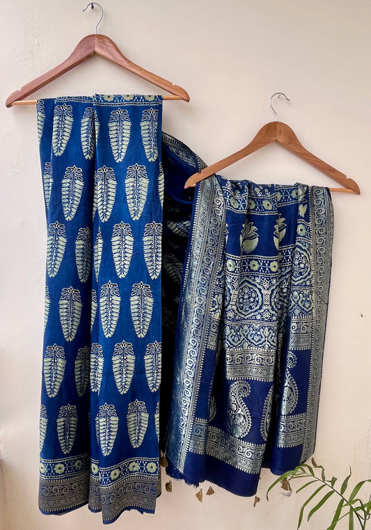 Indigo Asopallav Buta Motif Ajrakh Hand Block Dola Silk Saree with Zari Pallu (With Blouse)