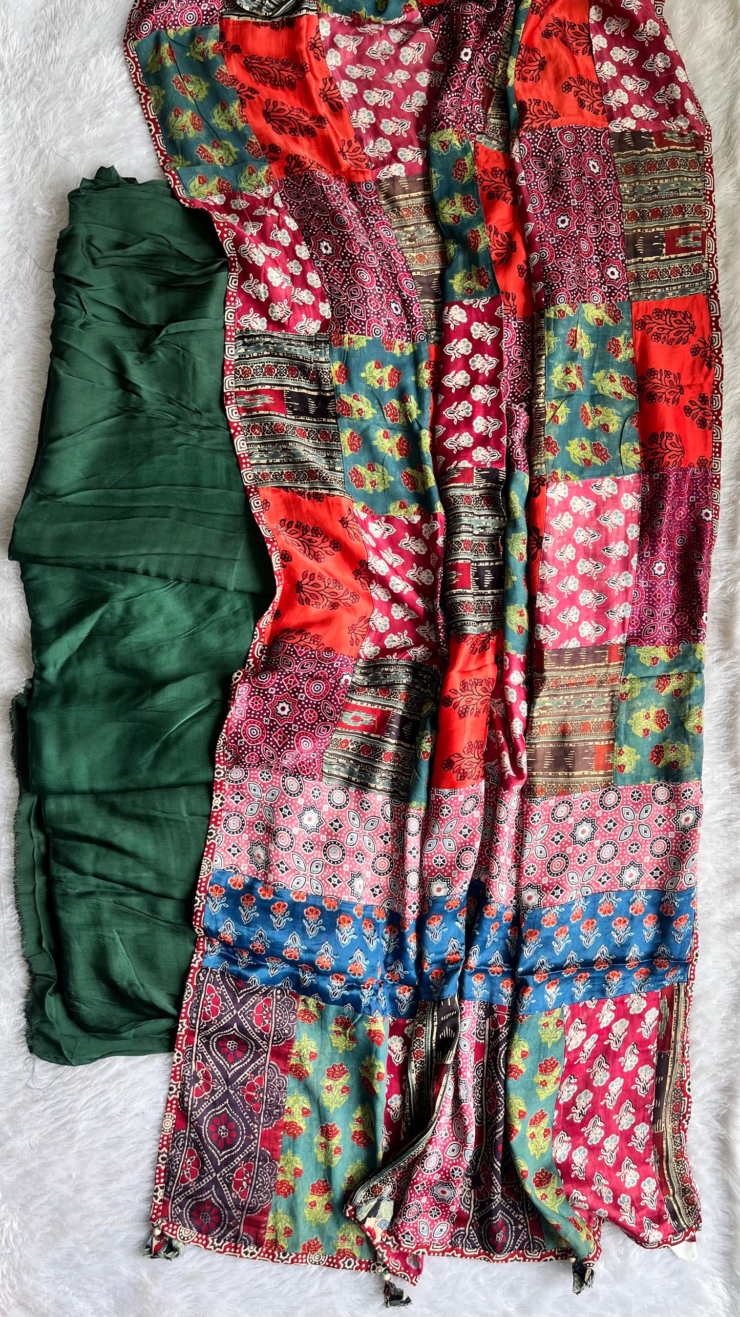 Green Solid Shade Modal Silk Ajrakh Hand Block Print 2pc Suit Material Set with Applique Work Dupatta