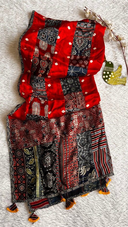 Crimson Glory Handblock Multicoloured Applique Modal Silk Dupatta with Tassels