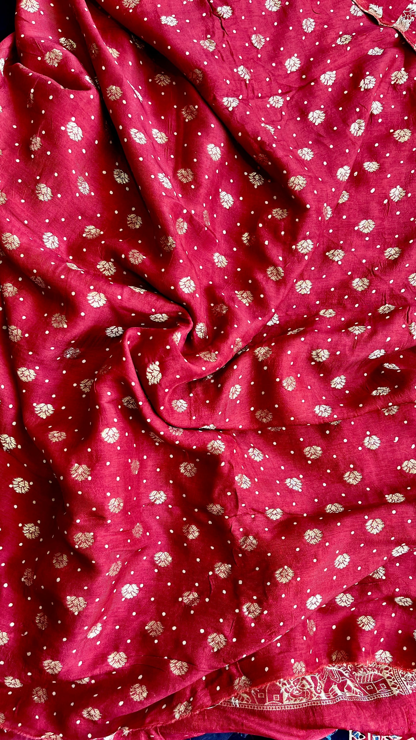 Black and Red Solid Buta Motif Ajrakh Hand Block Dola Silk Saree with Zari Pallu (With Blouse)