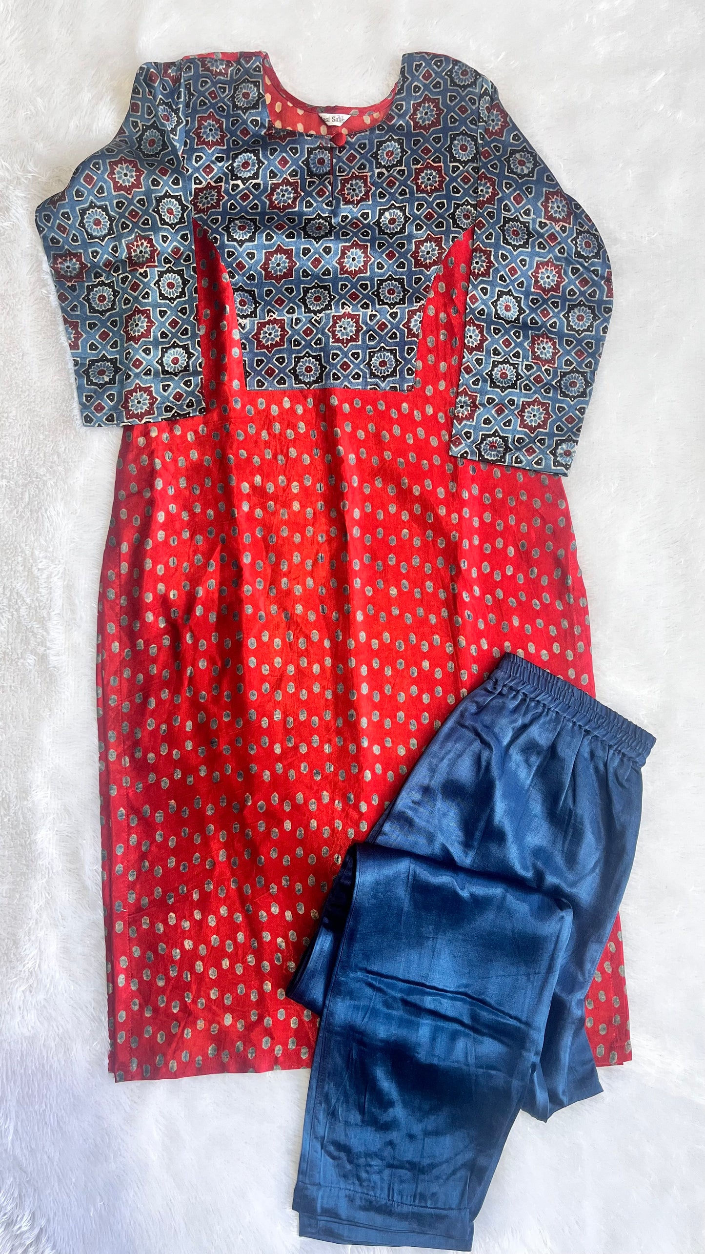 Red and Blue Mashru Silk Ajrakh Hand Block Print Kurta Pant Set
