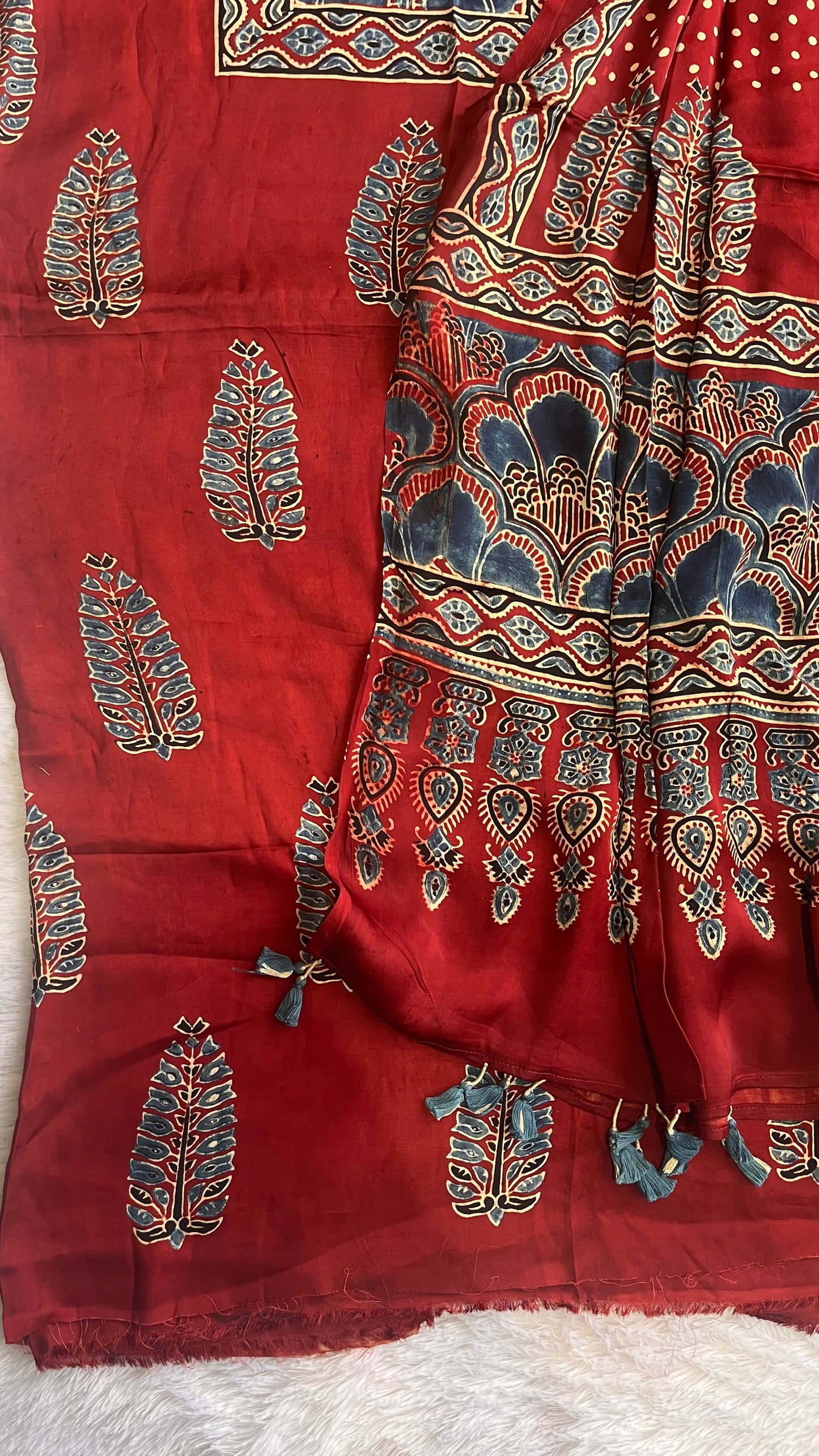 Deep Red Asopallav Buta Print Modal Silk Ajrakh Natural Dyed Hand Block Print 2pc Suit Material Set