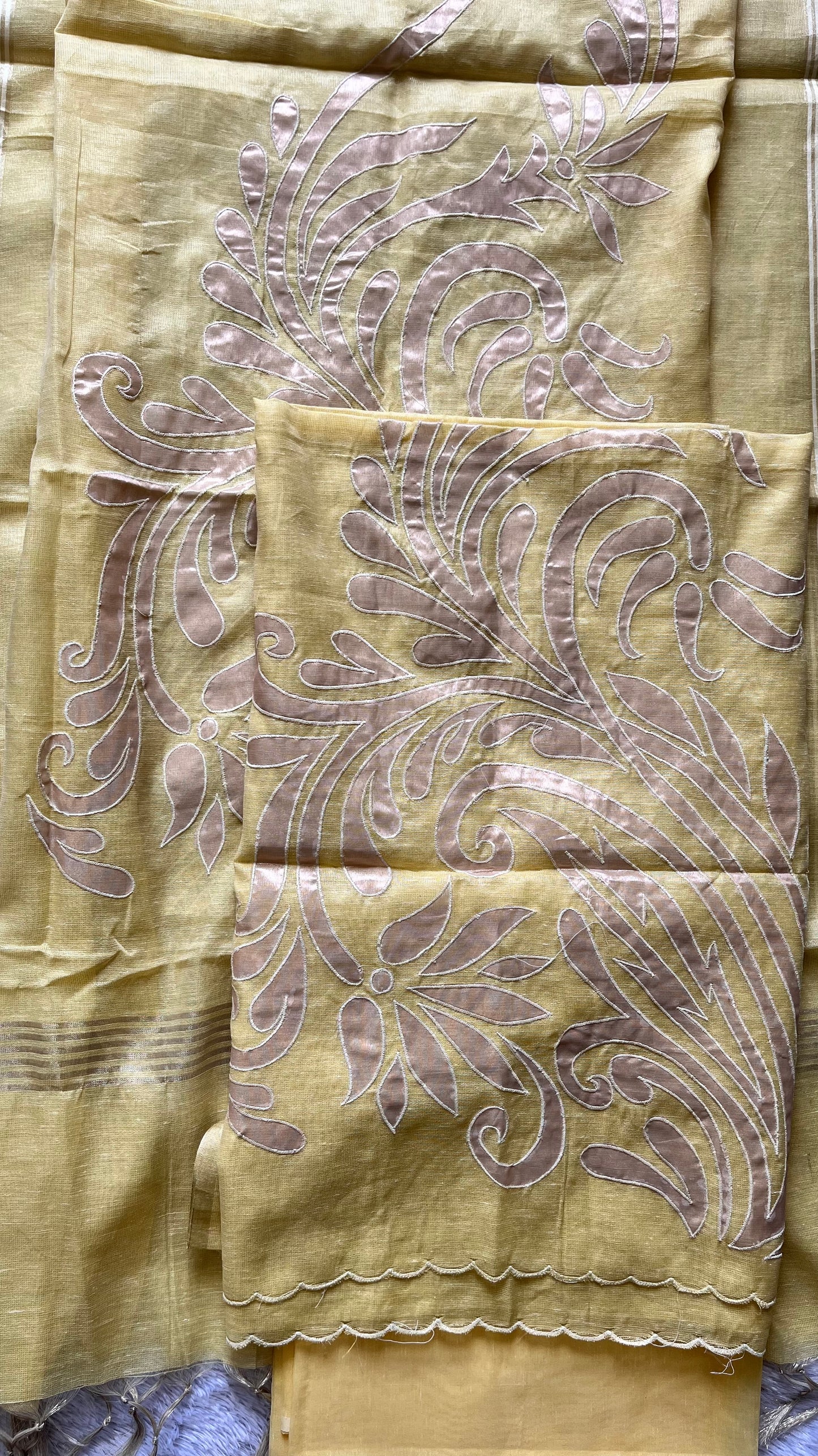 Lemon Yellow Shade Banarasi Tissue Linen 3-Piece Suit with All over Applique Work on Daman and Dupatta