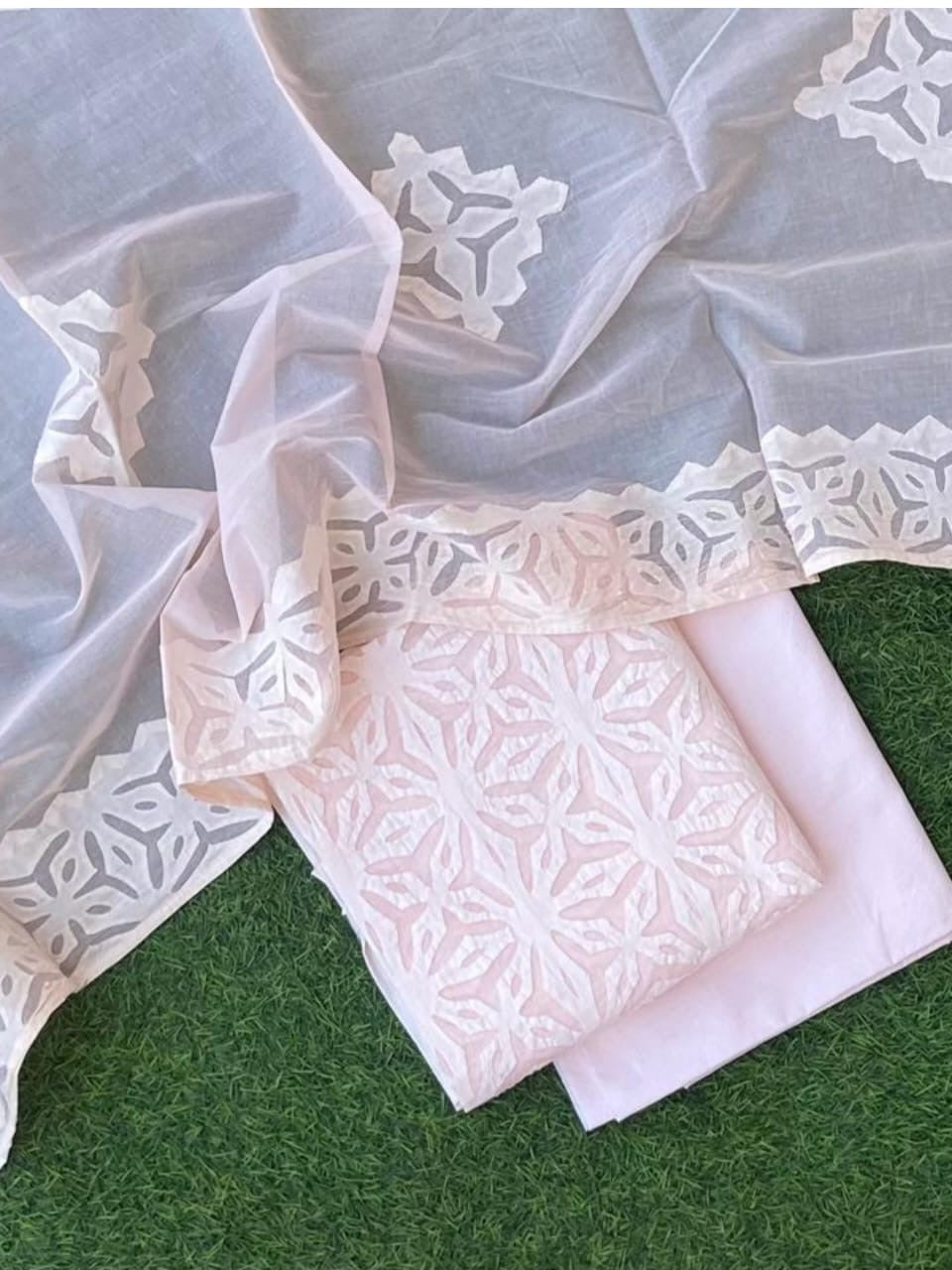 Soft Pink Barmer Applique Cut Work Cotton 3pc Suit Material Set