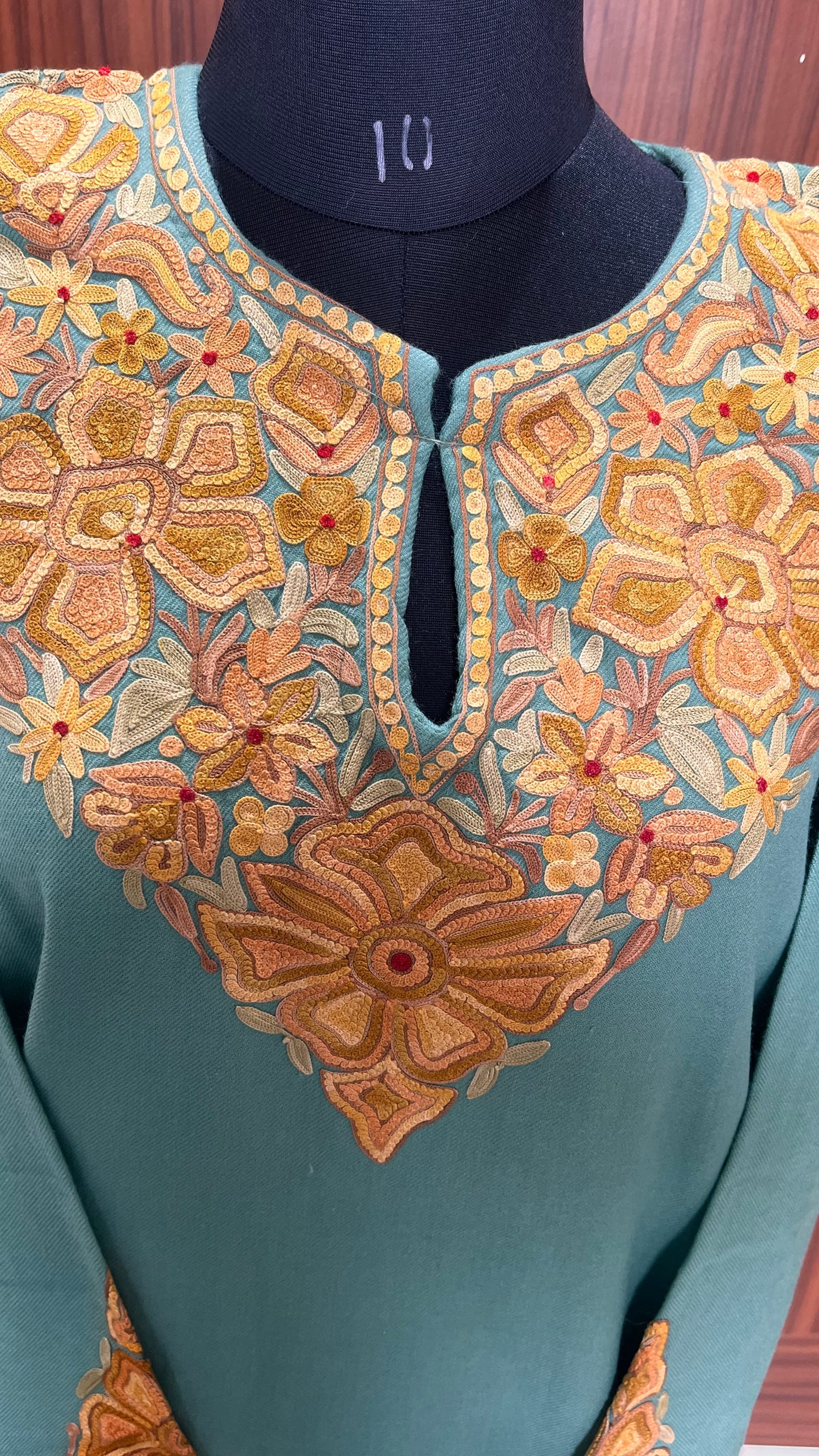 Sea Green Shade Aari Hand Embroidered Marino Wool Pheran with Pockets