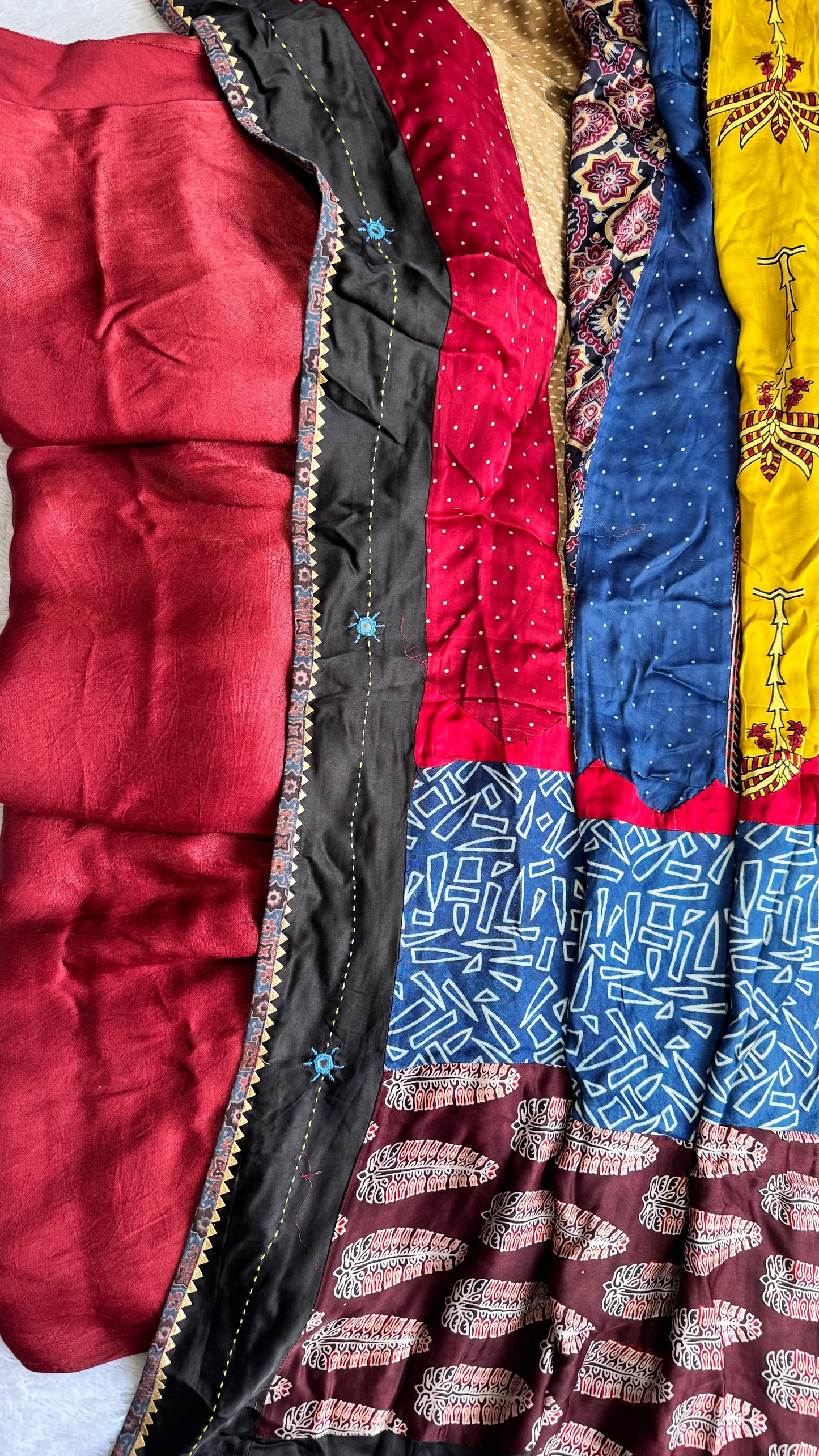 Maroon Solid Shade Modal Silk Ajrakh Hand Block Print 2pc Suit Material Set with Applique Work Dupatta