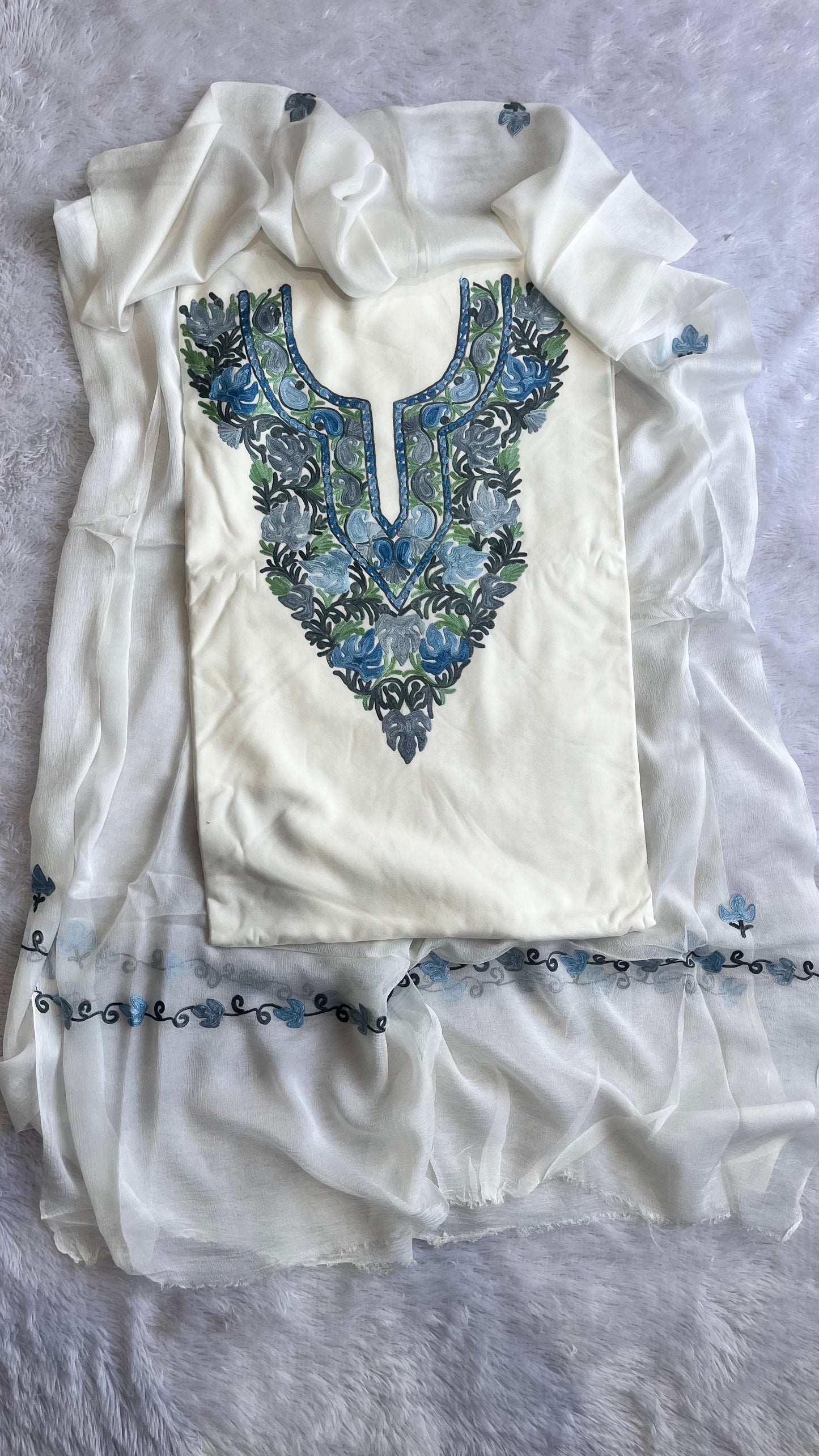 Pristine White with Firozi Work Muslin Cotton Kashmiri Aari Embroidered 3pc Suit Set