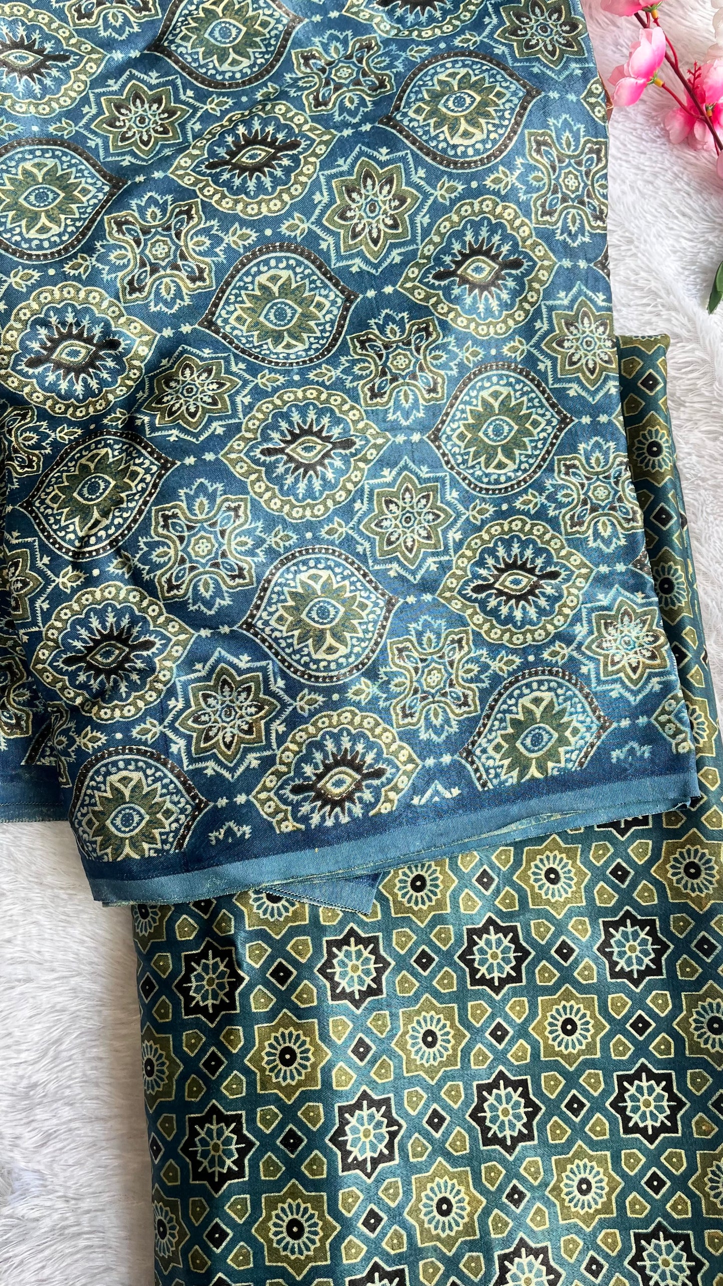 Indigo Badaam Booti Motif Mashru Silk Ajrakh Hand Block 2 pc Suit Set (Top and Bottom)