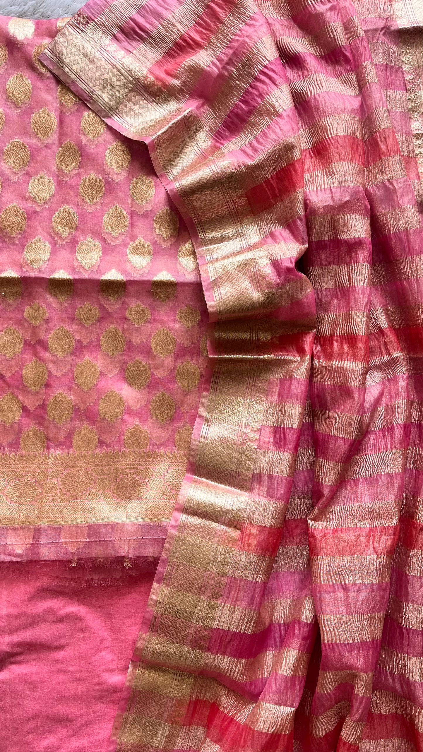 Gajri Pink Shade Banarasi Tissue Silk 3-Piece Suit with Threadwork & Crushed Organza Dupatta