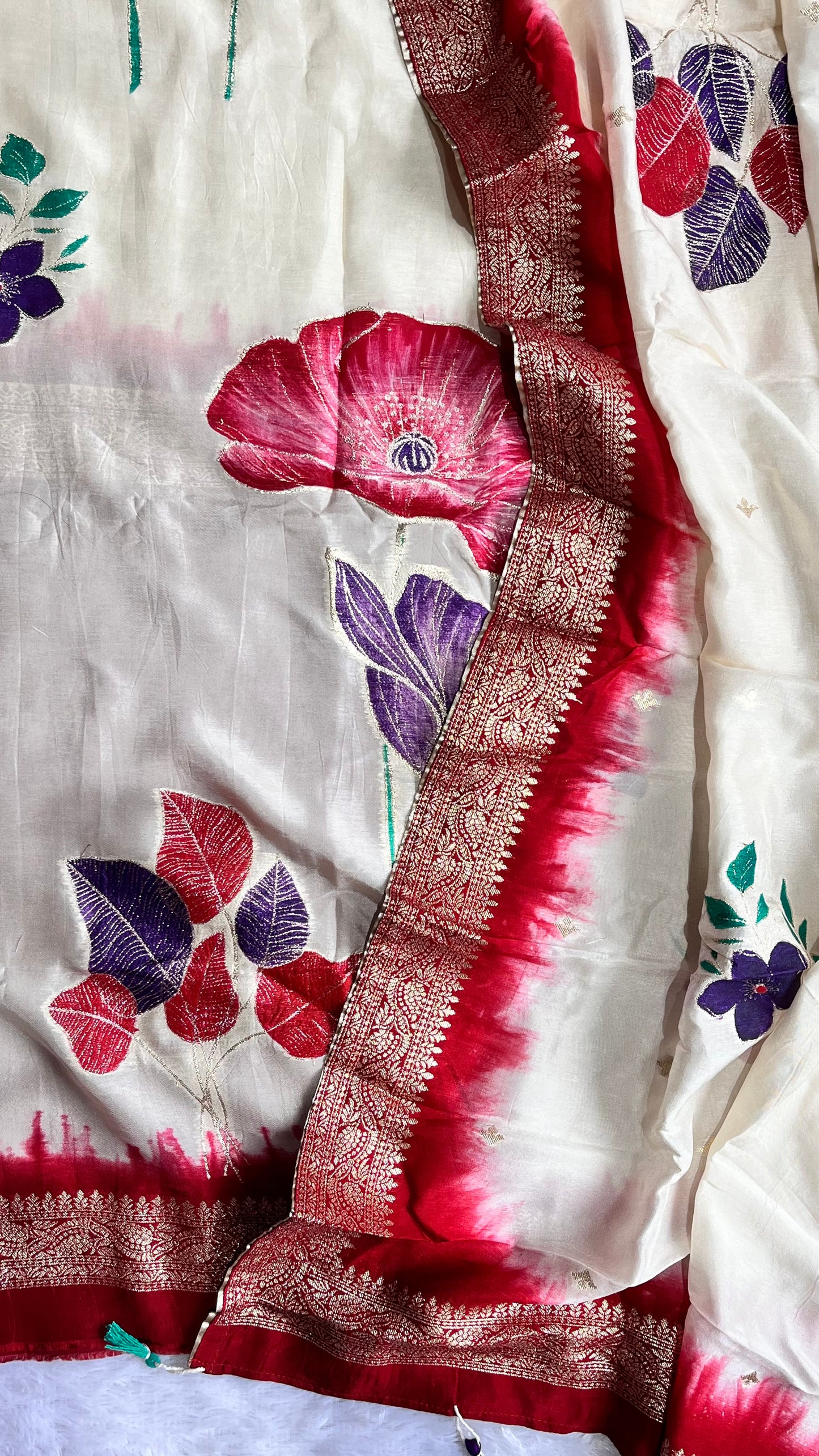 Pearl White Dola Silk Hand Brush Print 2pc Suit Material Set with Zari Pallu and Full Finish with Tassels