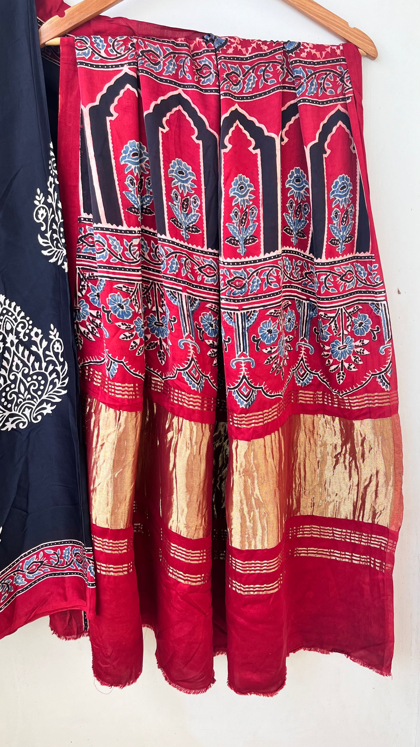 Black and Red Big Boota Ajrakh Hand Block Natural Dye Modal Silk Lagdi Patti Saree With Blouse