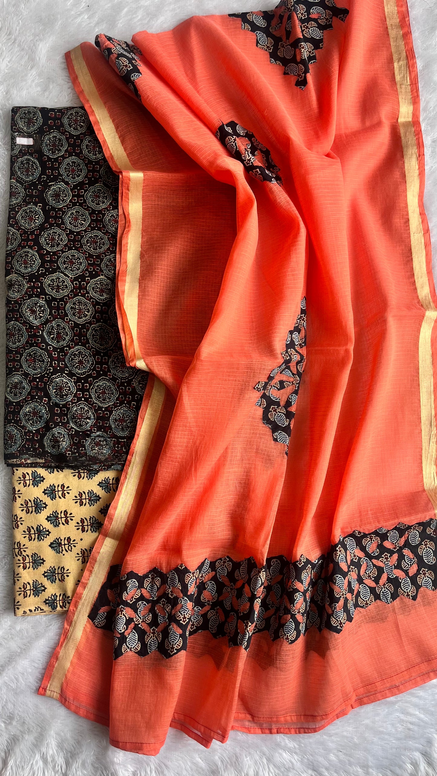 Black Buti Motif Pure Cotton Ajrakh Unstitched Suit Set with Ajrakh Applique Kota Dupatta