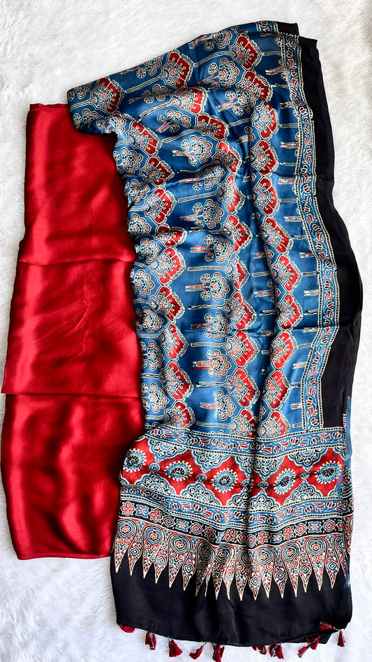 Maroon Solid Shade Modal Silk Suit Set with Blue Pure Modal Silk Dupatta