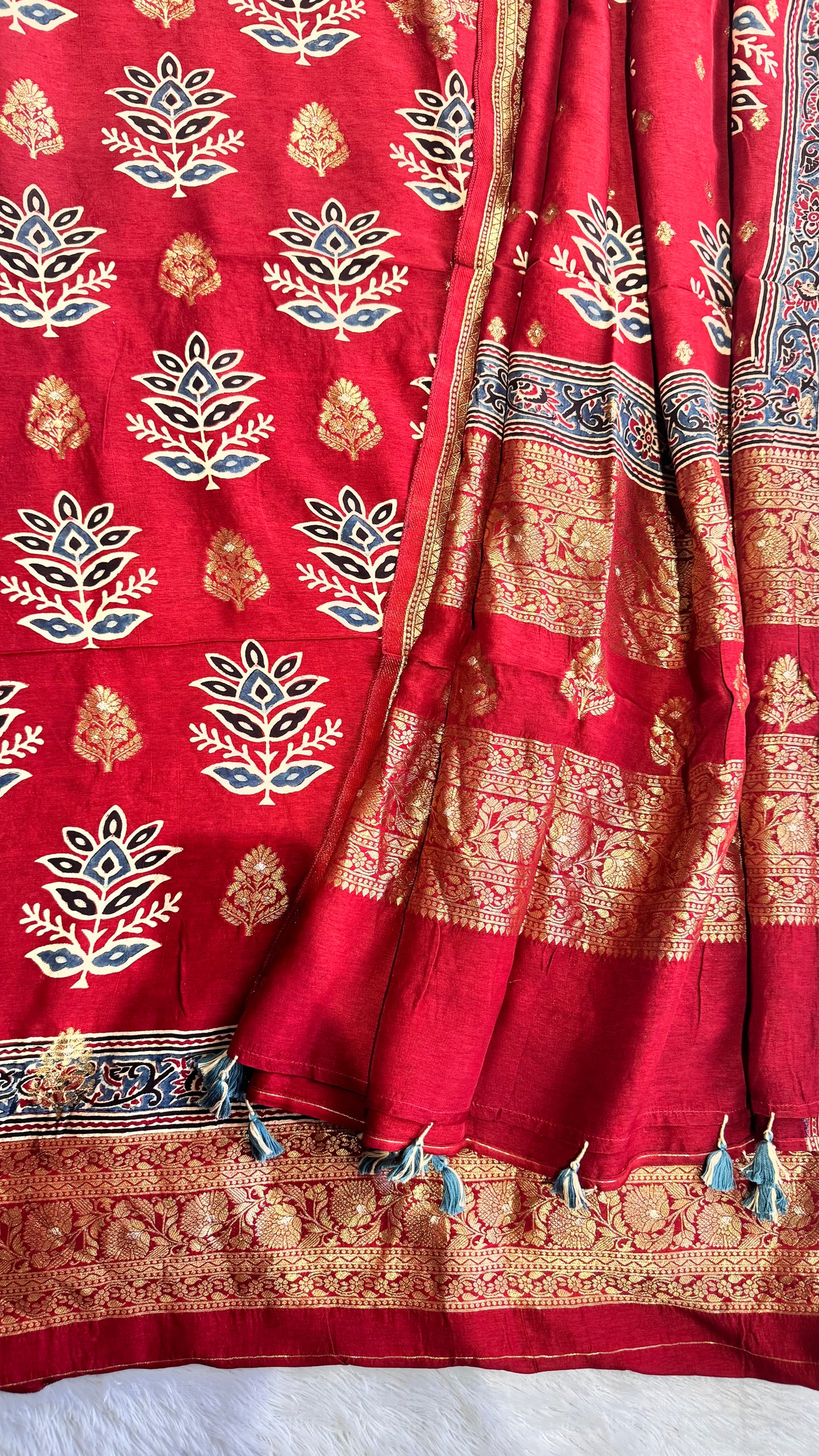 Deep Red Flower Boota Pure Dola Silk Ajrakh Hand Block Print 2pc Suit Material Set with Zari Yoke and Nakkashi Dupatta