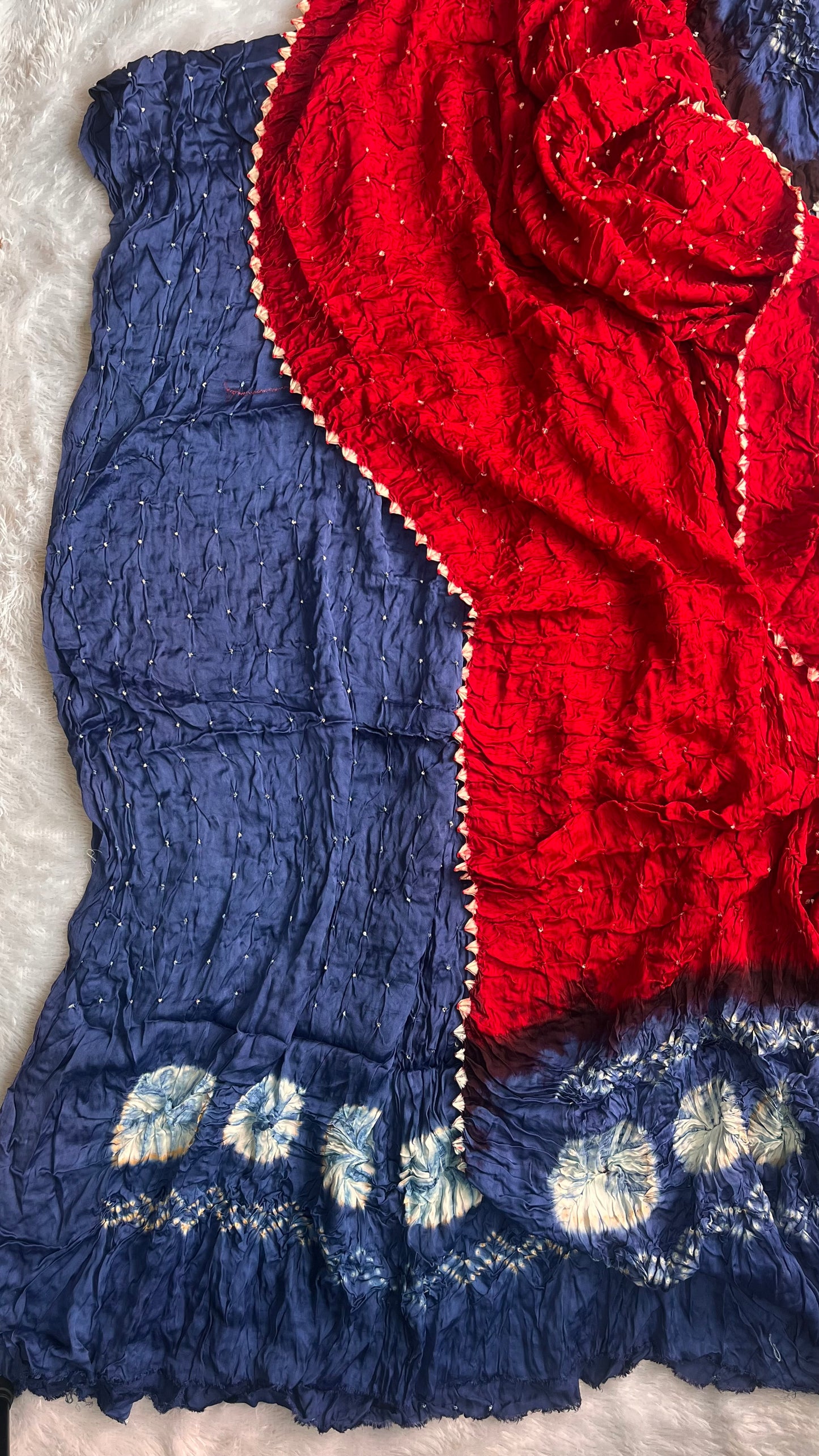 Royal Blue and Red Modal Silk Hand Block Print Pure Bandhej 2pc Suit Material Set