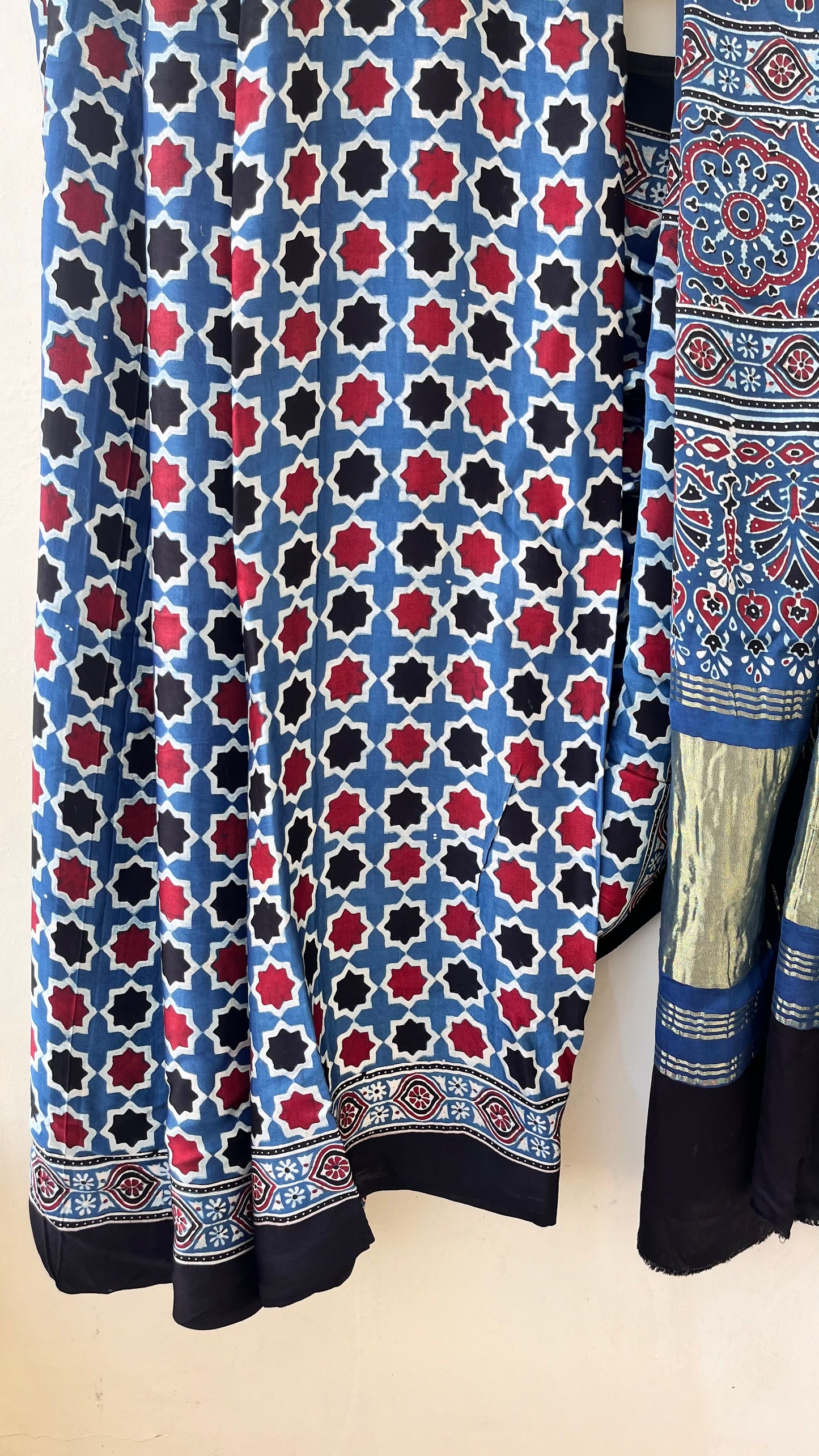 Indigo HoneyComb Ajrakh Hand Block Natural Dye Modal Silk Lagdi Patti Saree With Blouse