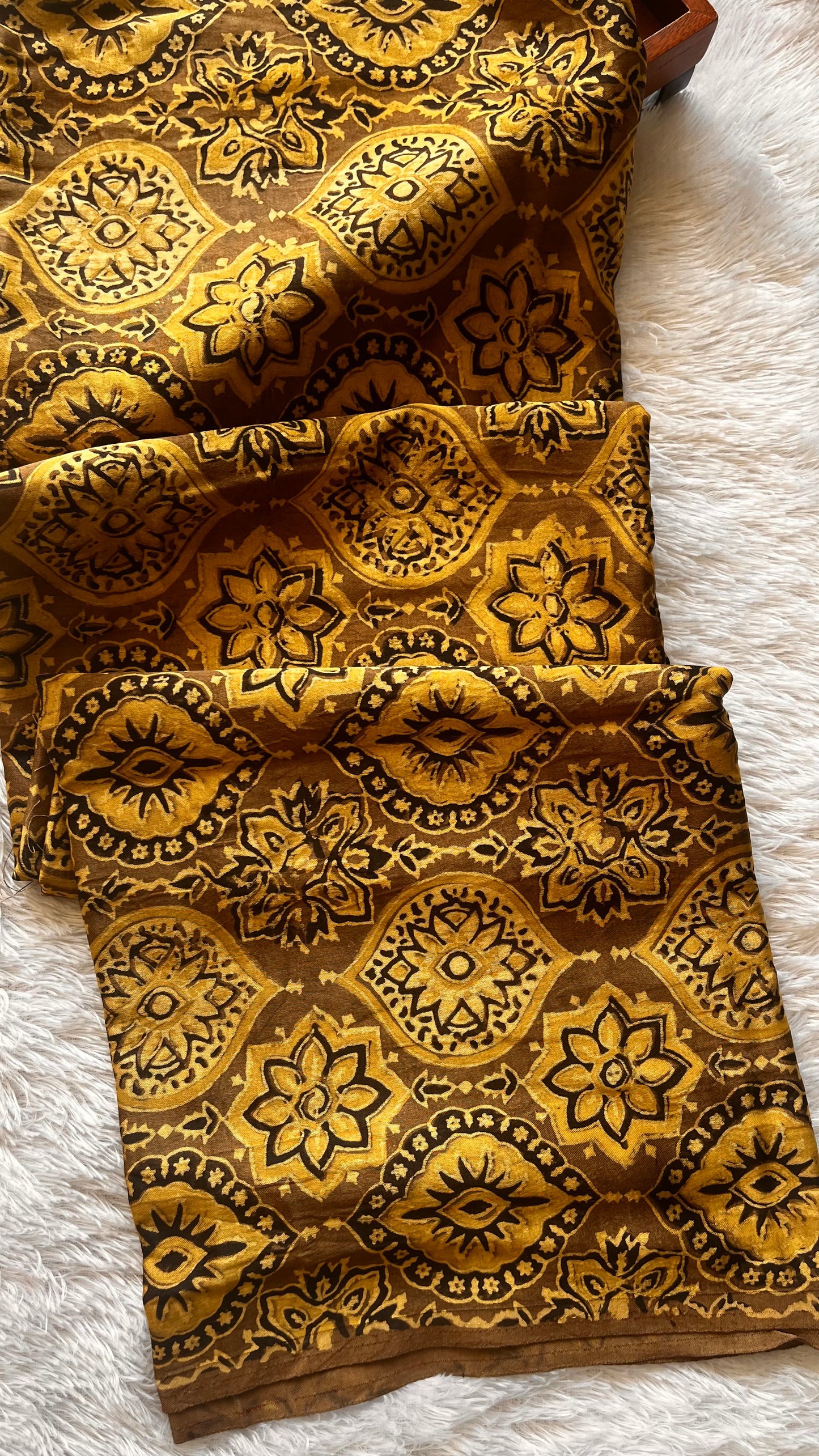Cut Piece Beige Badaam Boota Motif Ajrakh Mashru Silk Fabric
