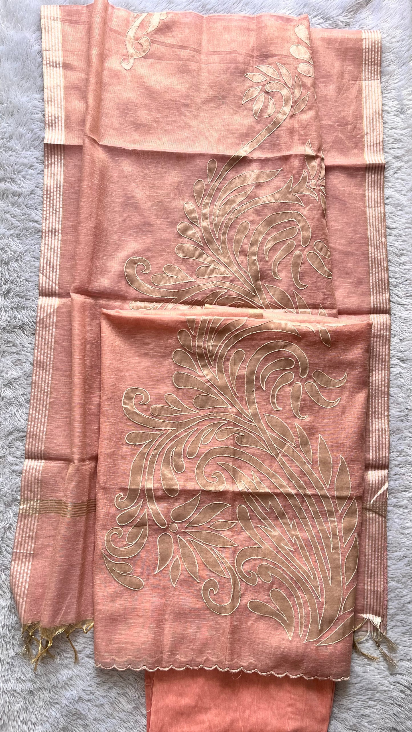Peachish Pink Shade Banarasi Tissue Linen 3-Piece Suit with All over Applique Work on Daman and Dupatta