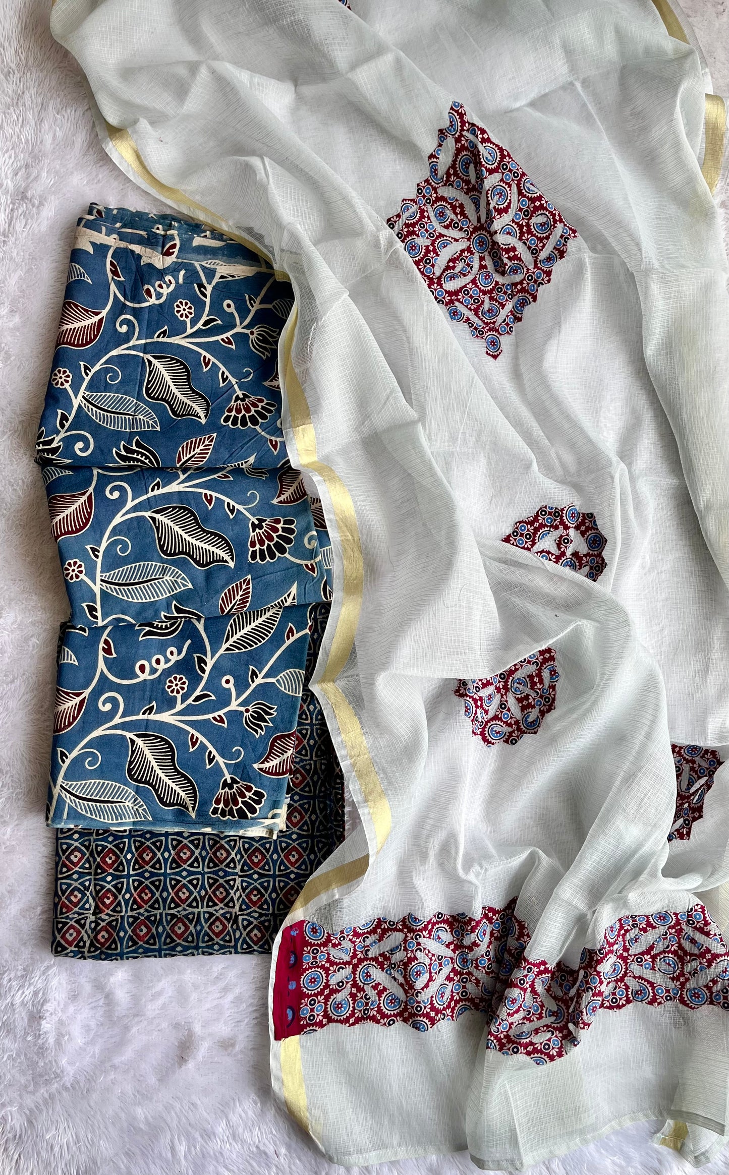 Blue Badaam Buti Pure Cotton Ajrakh Unstitched Suit Set with Ajrakh Applique Kota Dupatta