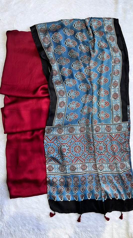 Solid Maroon Shade Modal Silk Suit Material with Ajrakh Modal Stole with Tassels