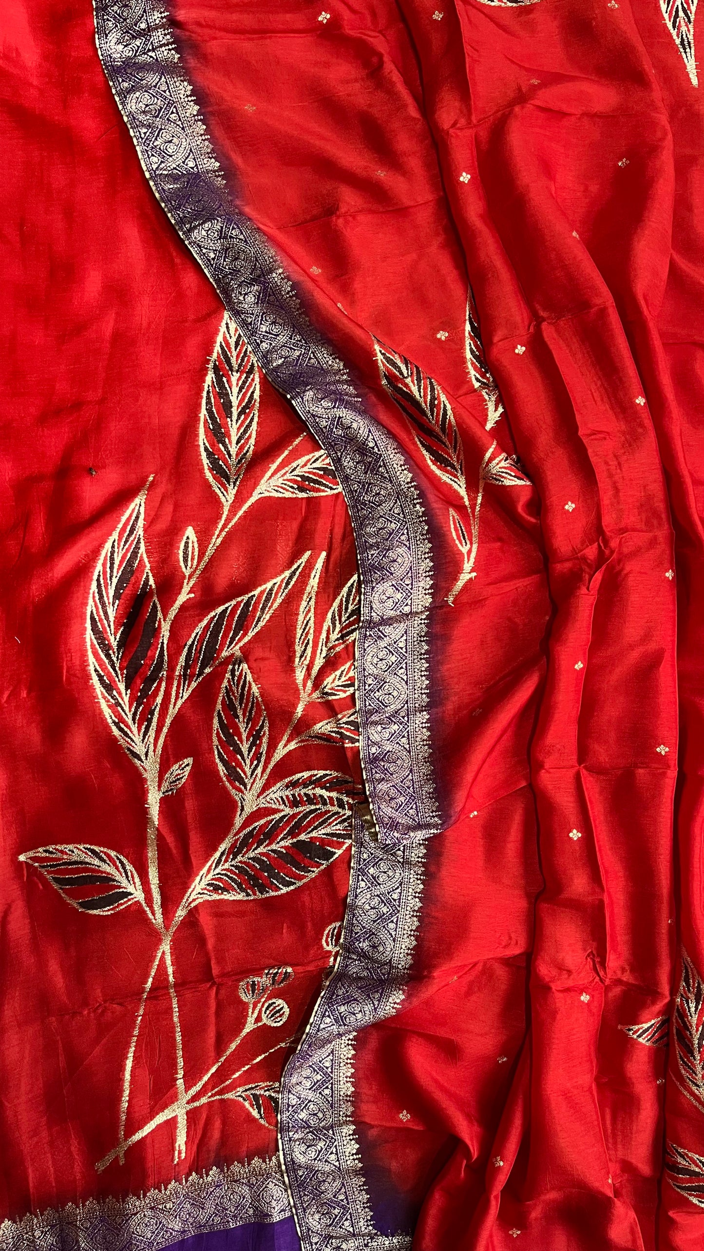 Ruby Red Dola Silk Hand Brush Print 2pc Suit Material Set with Zari Pallu and Full Finish with Tassels