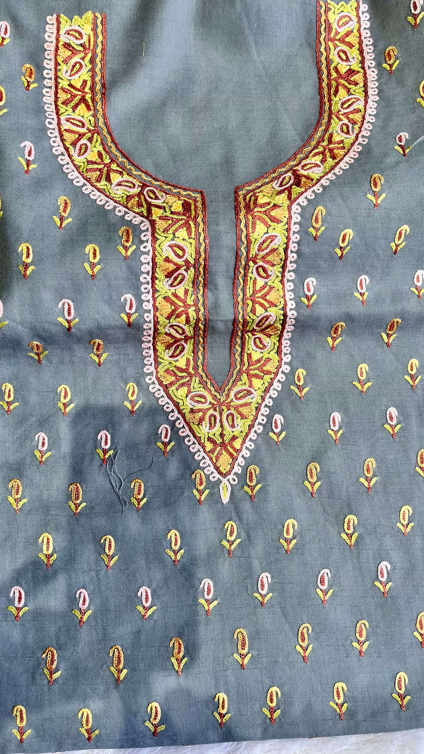 Steel Grey with Multicoloured Thread work Pure Cotton Kashmiri Aari Embroidered Co Ord 2 pc Set