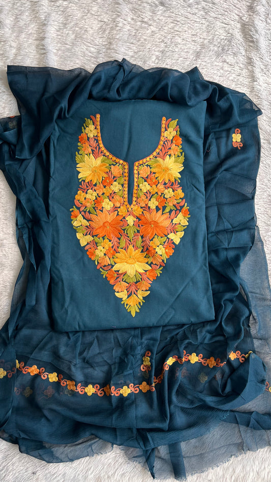 Navy Blue Shade Muslin Cotton Kashmiri Aari Embroidered 3pc Suit Set