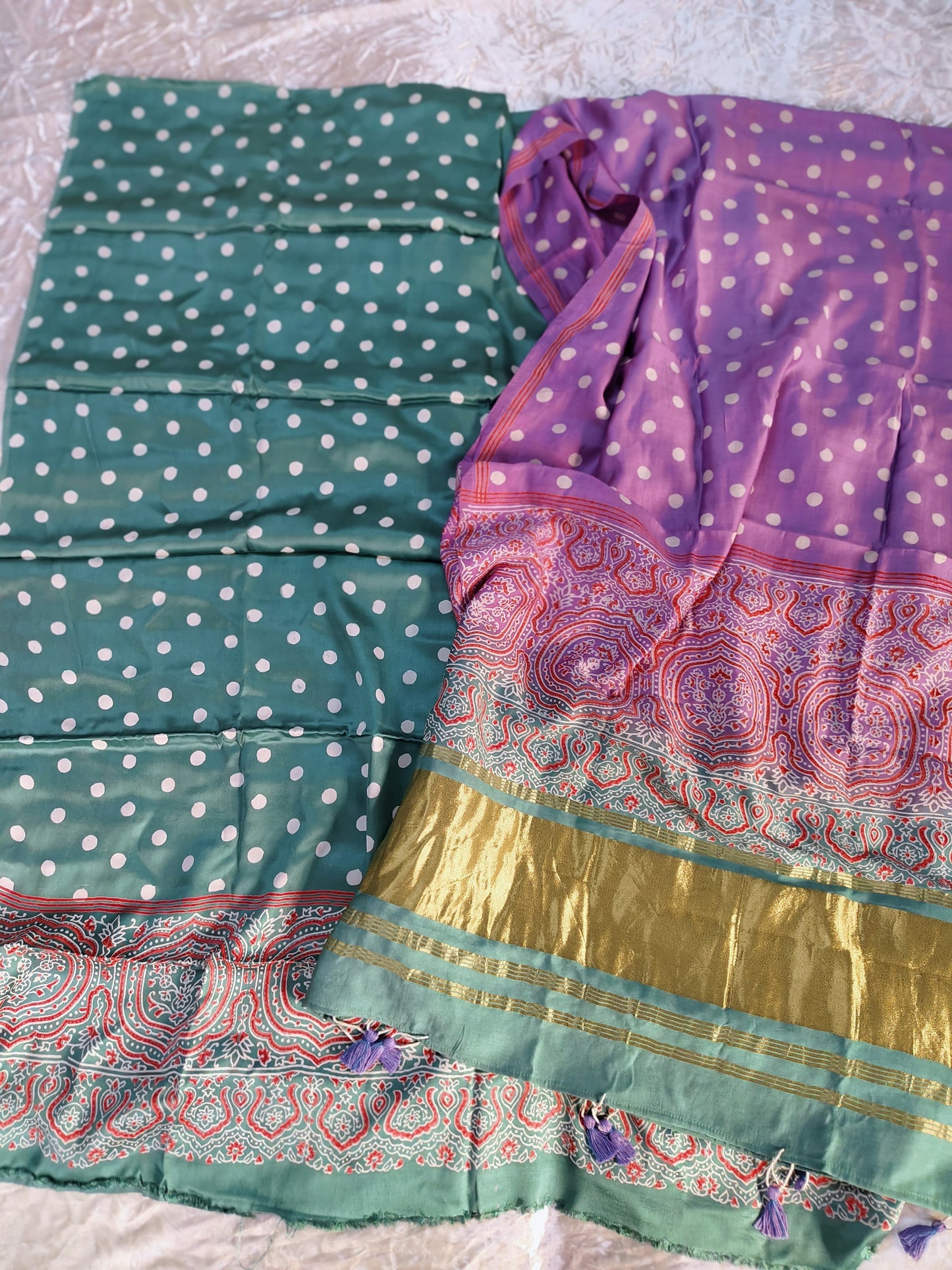 Sea Green and Purple Buta Pure Modal Silk Suit Set with Modal Silk Dupatta