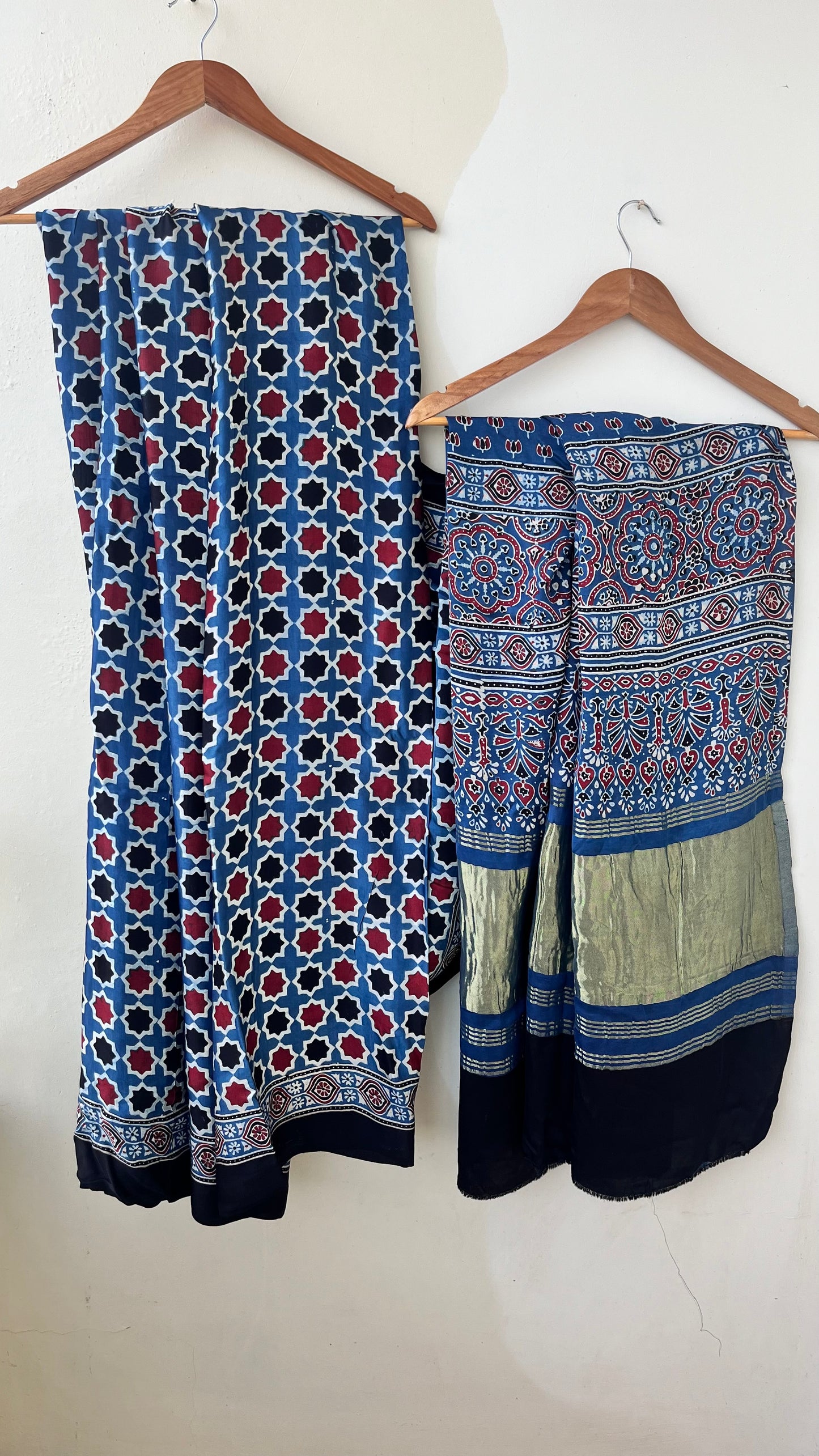 Indigo HoneyComb Ajrakh Hand Block Natural Dye Modal Silk Lagdi Patti Saree With Blouse