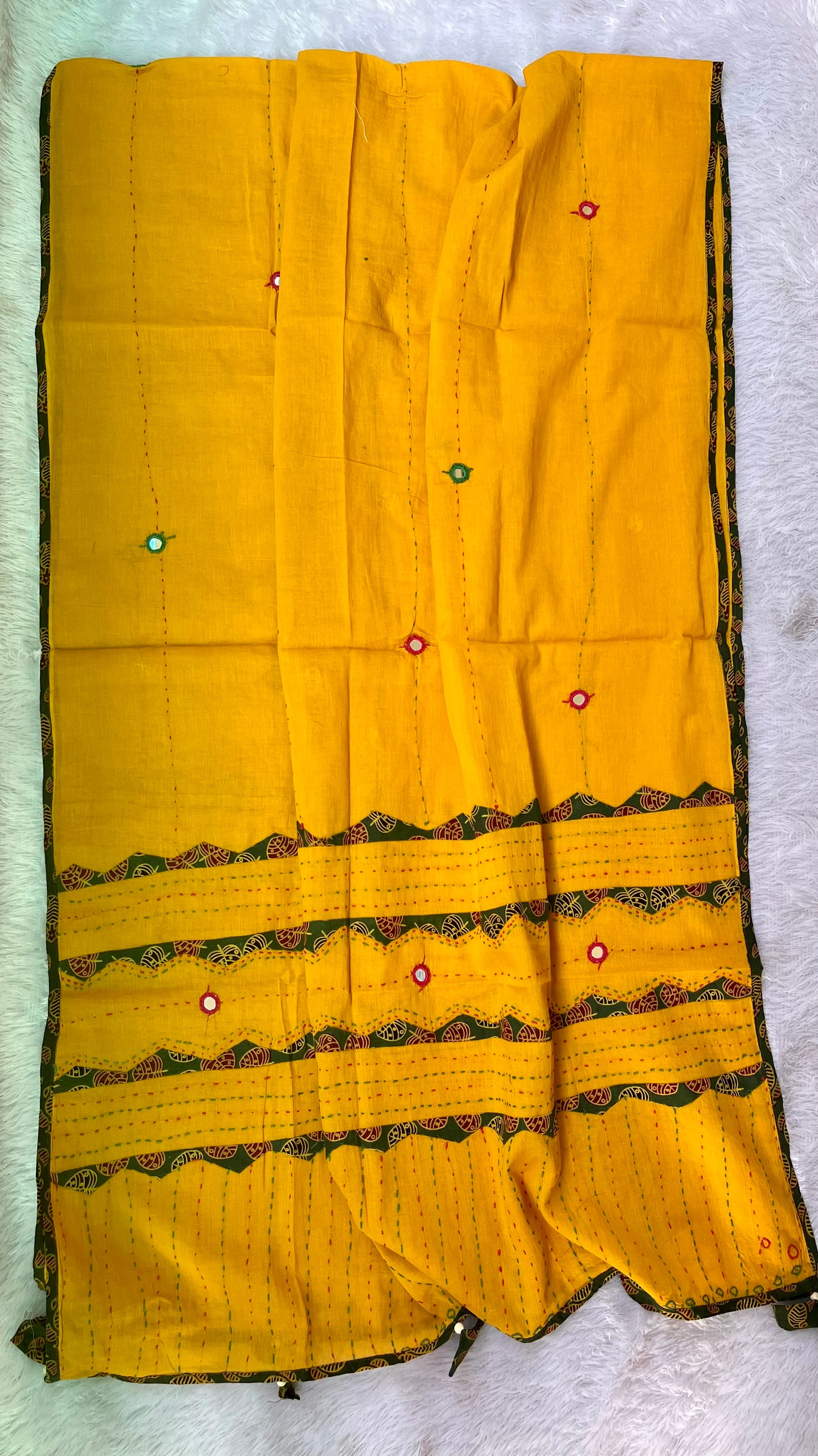 Mustard and Green Ajrakh Applique Patchwork Cotton Dupatta with Mirror Work
