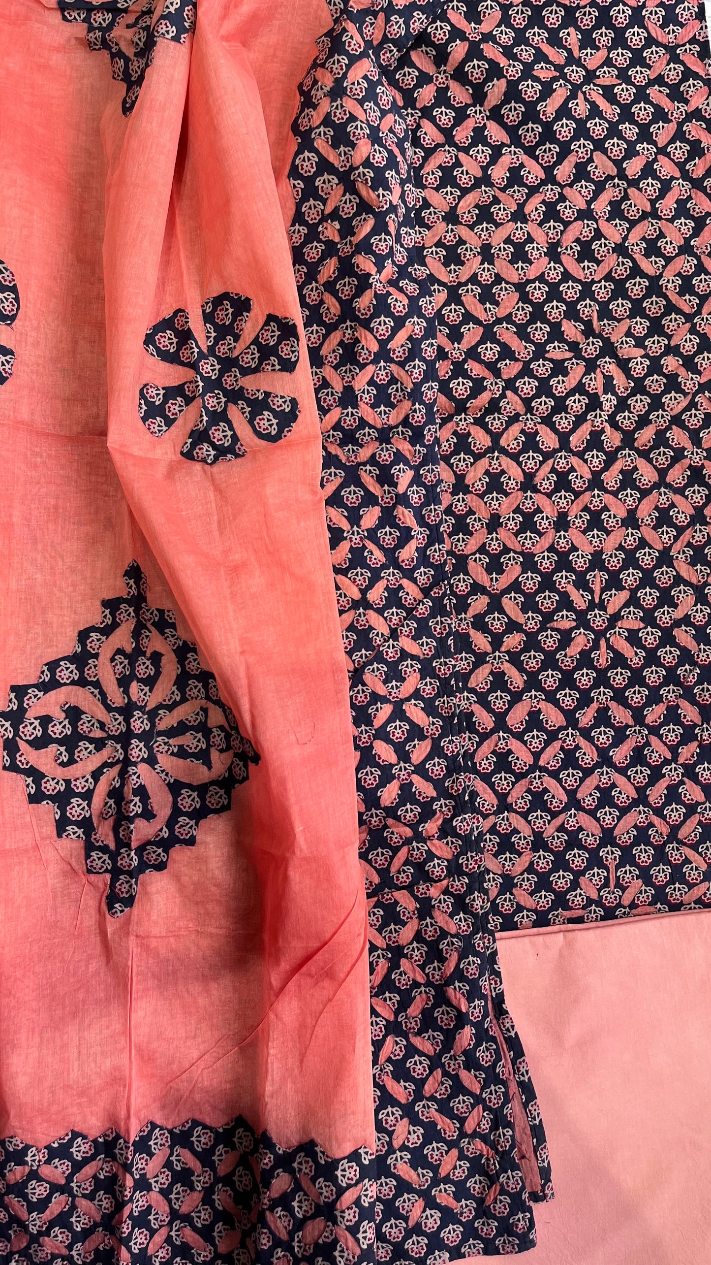 Blue and Peach Barmer Applique Cut Work Cotton 3 pc Suit Material Set