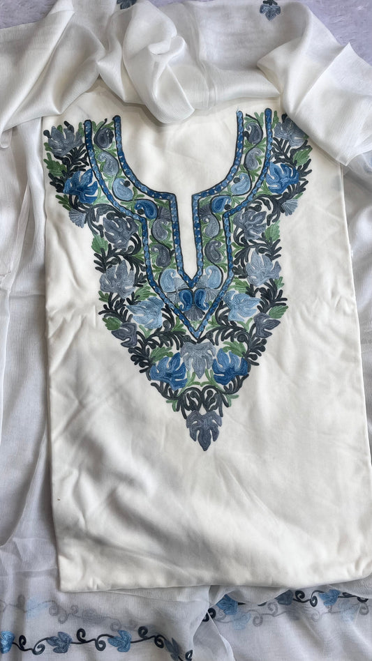 Pristine White with Firozi Work Muslin Cotton Kashmiri Aari Embroidered 3pc Suit Set