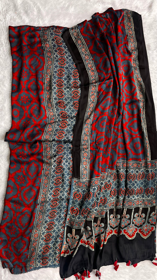Indigo and Red Abstract Motif Modal Silk Suit Material with Ajrakh Modal Dupatta